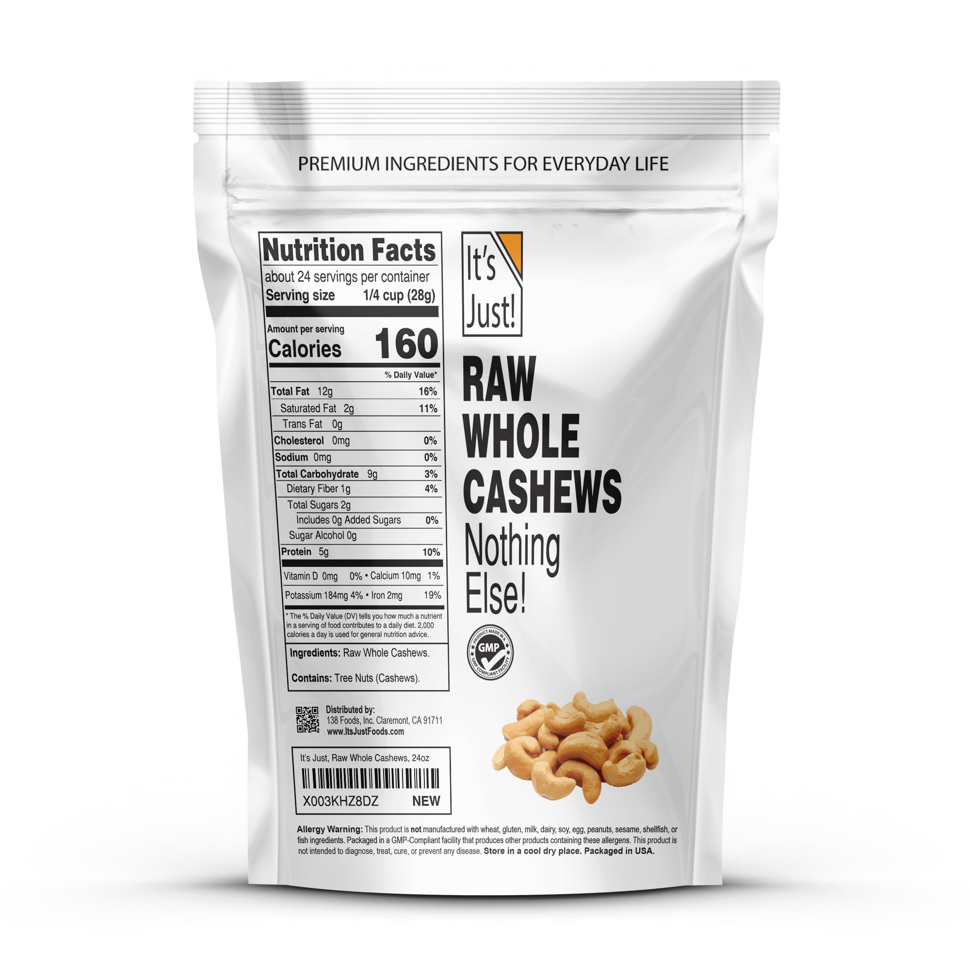 It's Just - Whole Cashews, Premium Fancy Nuts (Raw (Soft) / Unsalted, 1.5 Pound (Pack of 1))