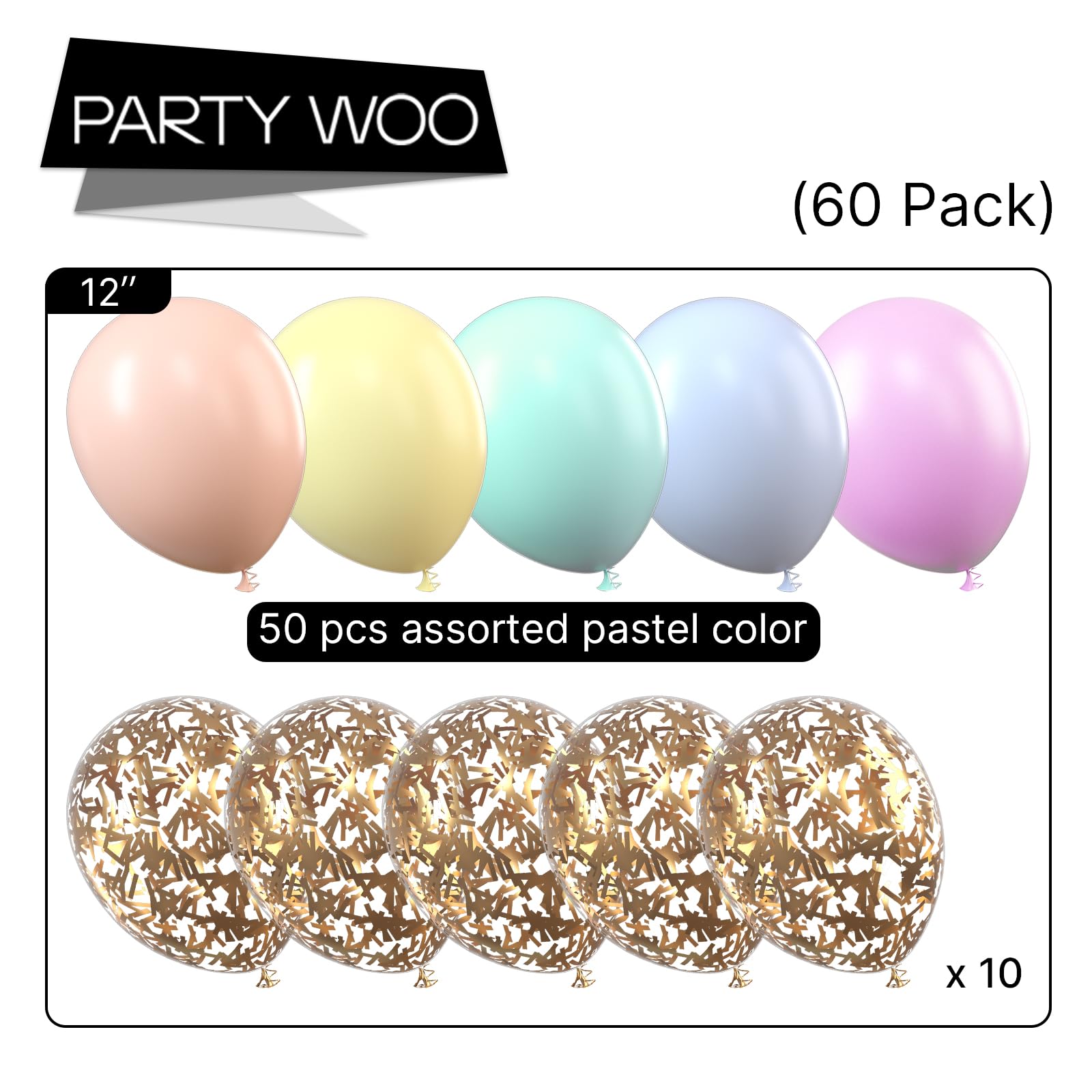 PartyWoo Pastel Balloons, 60 pcs 12 Inch Pastel Latex Balloons, Gold Glitter Balloons, Pastel Colour Balloons for Pastel Party Decorations, Pastel Birthday Decorations, Pastel Rainbow Party Supplies