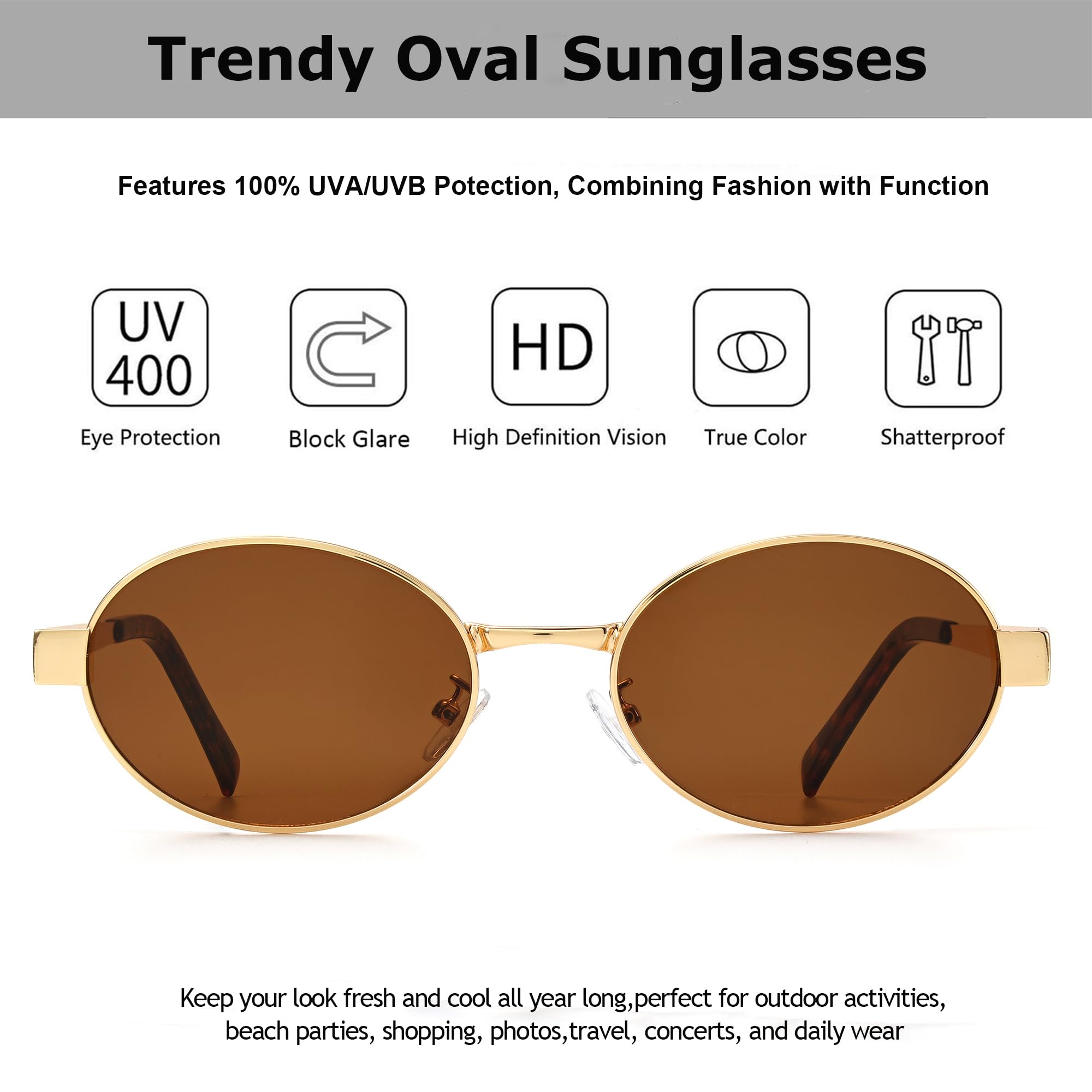 hnbliv Retro Oval Sunglasses for Women Men Shade UV400 Protection Trendy Glod Frame