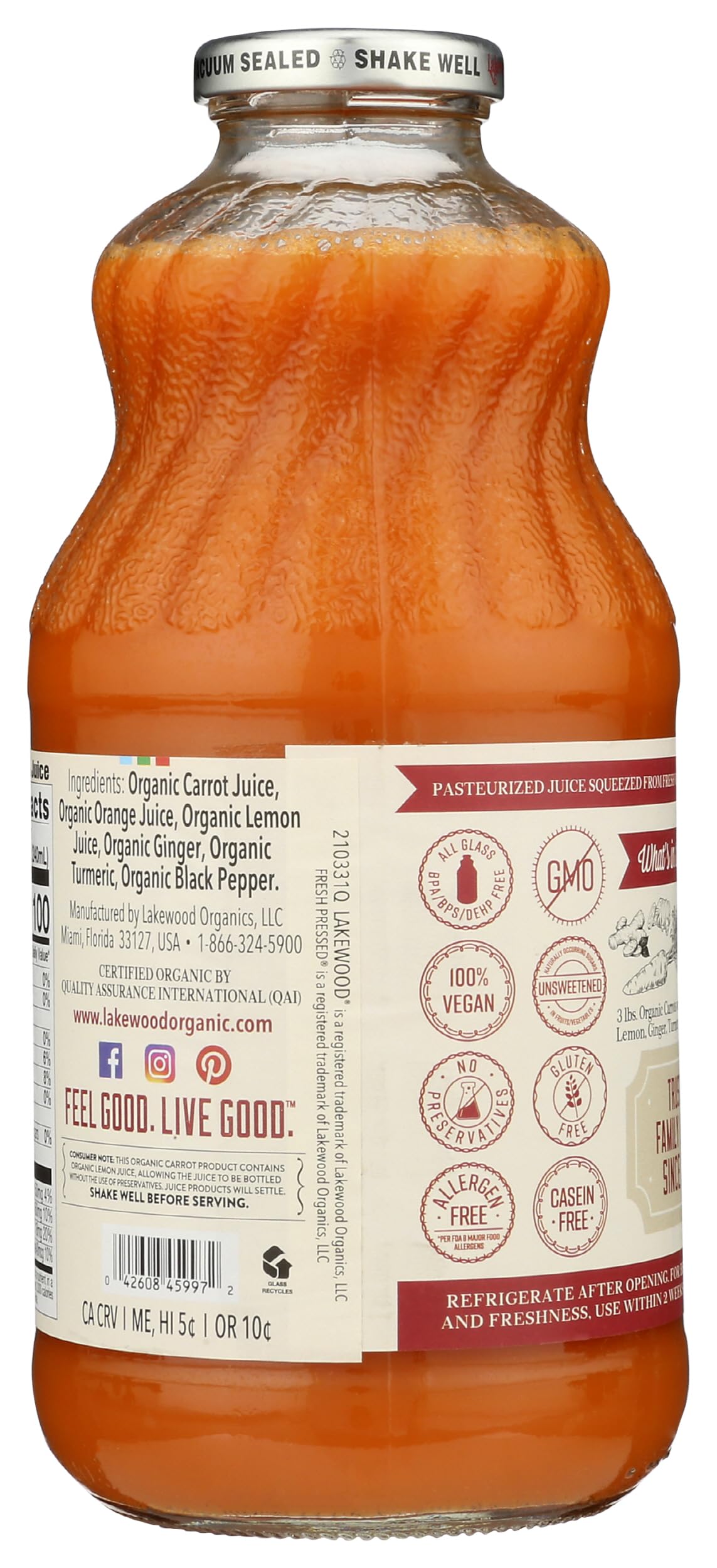 Lakewood Organic Carrot Ginger Turmeric Juice, 32 FZ