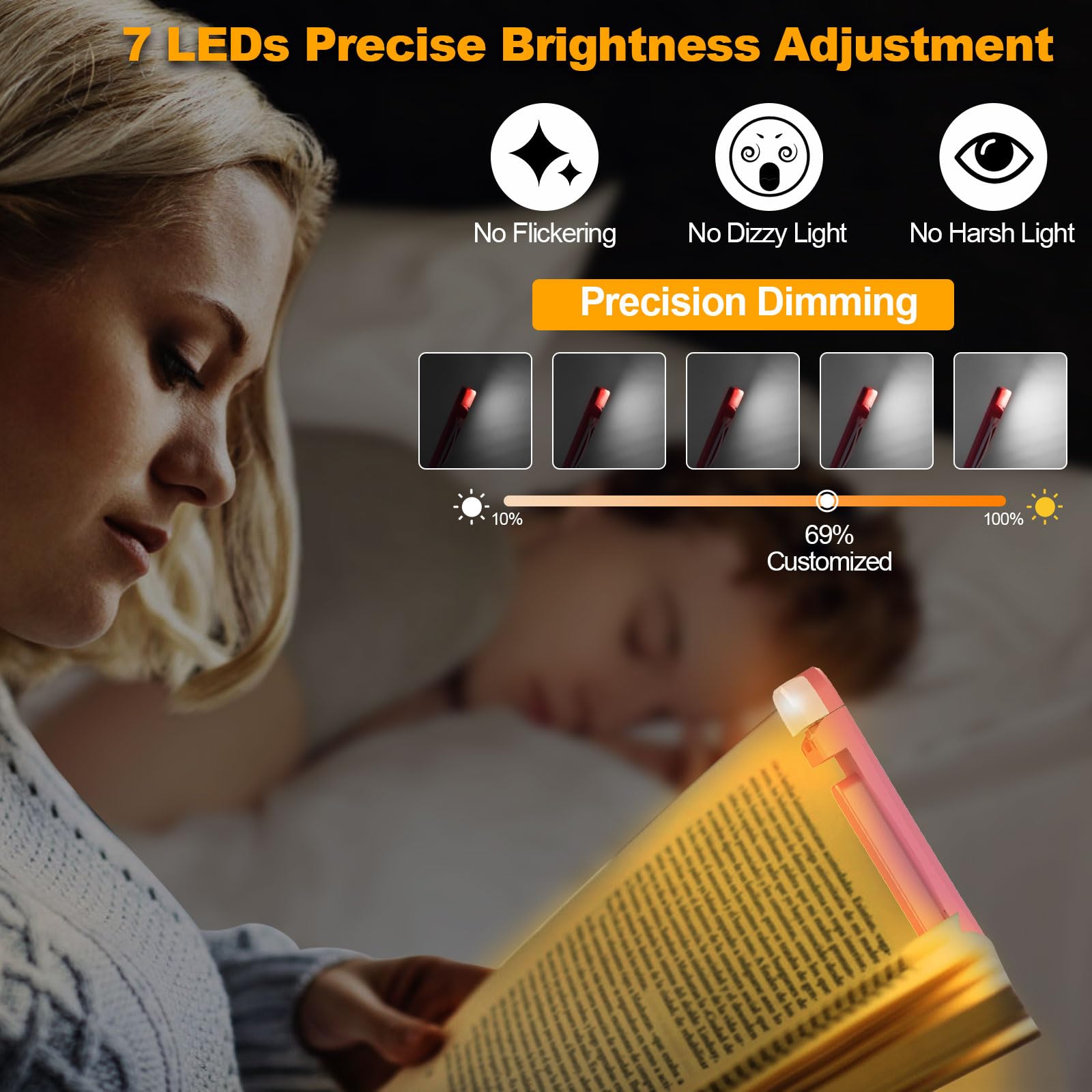 HIONXMGA Book Reading Light,Silent Touch Book Lamp for Reading in Bed,Rechargeable Clip on Booklight with 3 Amber Colors & 7 LEDs Precise Dimming for Eye Caring Night Reading,Book Lovers,Kids,Pink