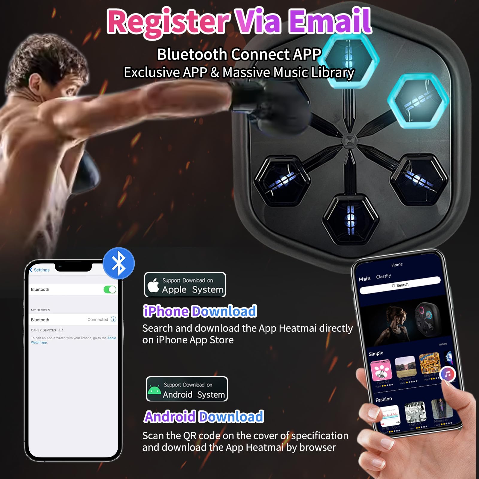 Heatmai Music Boxing Machine for Adults, Wall Mounted Smart Workout Equipment with Gloves, Bluetooth Musical Punching Target Trainer for Indoor Home Gym