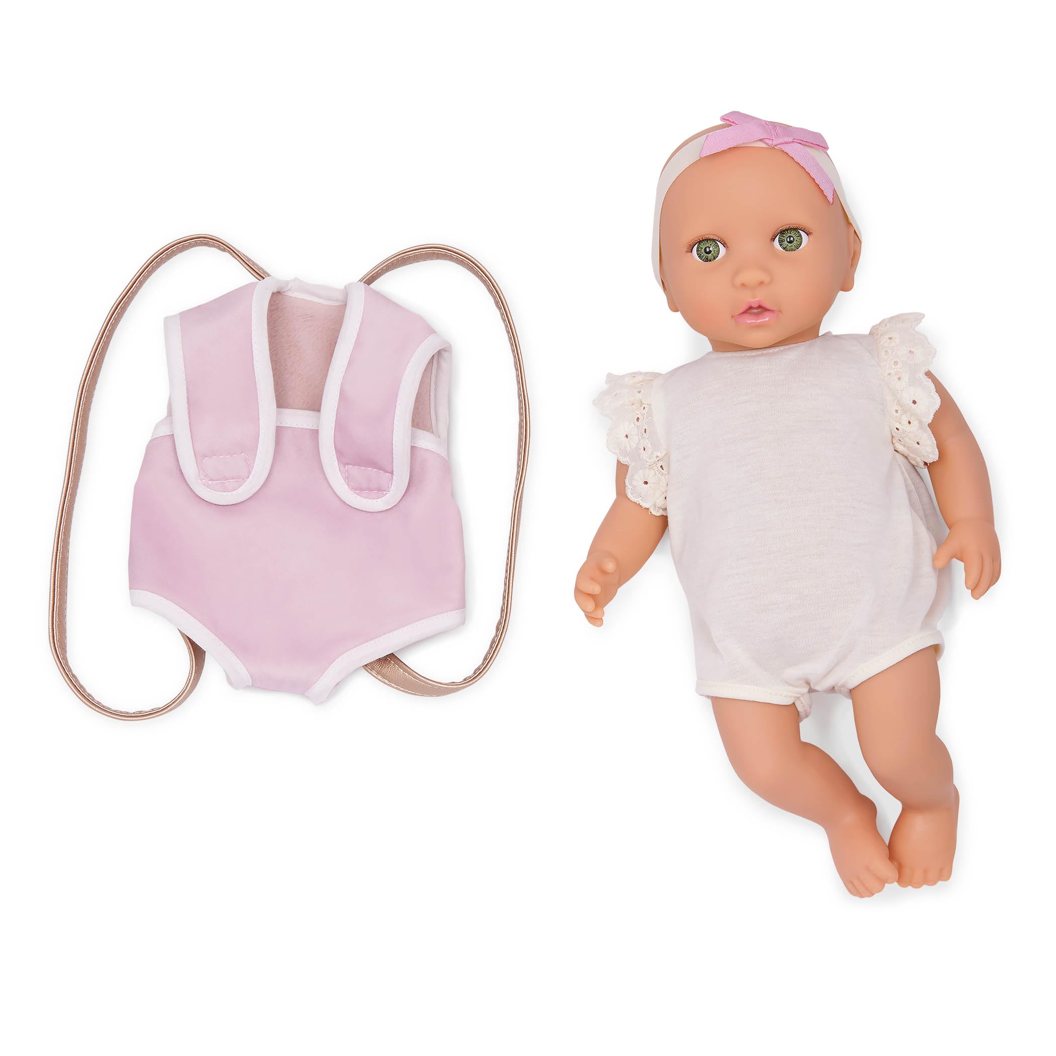 LullaBaby – 14-inch Realistic Baby Doll – Carrier Travel Accessory – Fair Skin Tone & Green Eyes – Pretend Play – Toys For Kids Ages 2 & Up – Baby Doll & Carrier Set