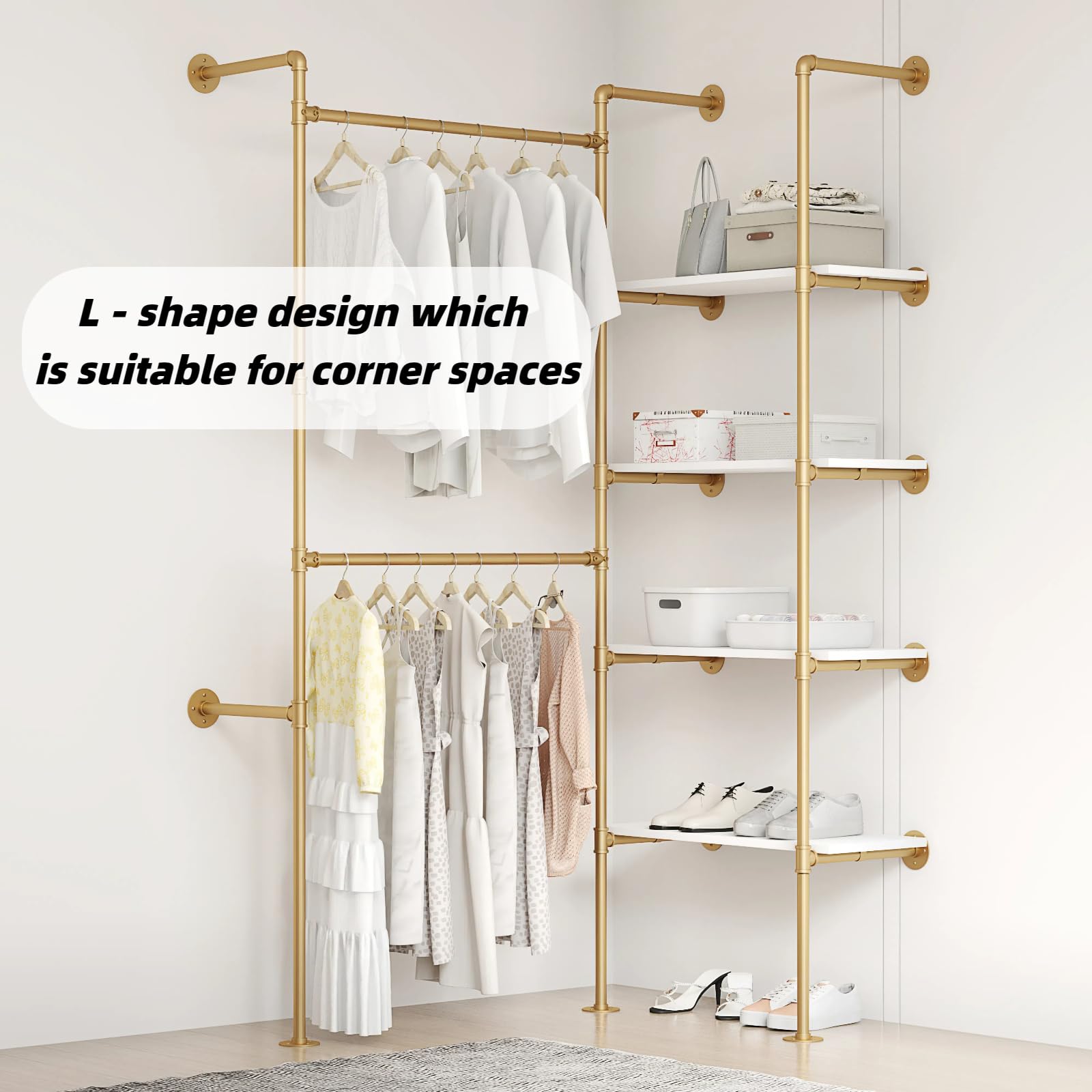 Woskar Industrial Pipe Clothing Rack, Hanging Rods Clothes Rack with Shelves, Clothes Rack for Wardrobe, Corner Closet System for Walk in Closets (Gold, II-4Tier)