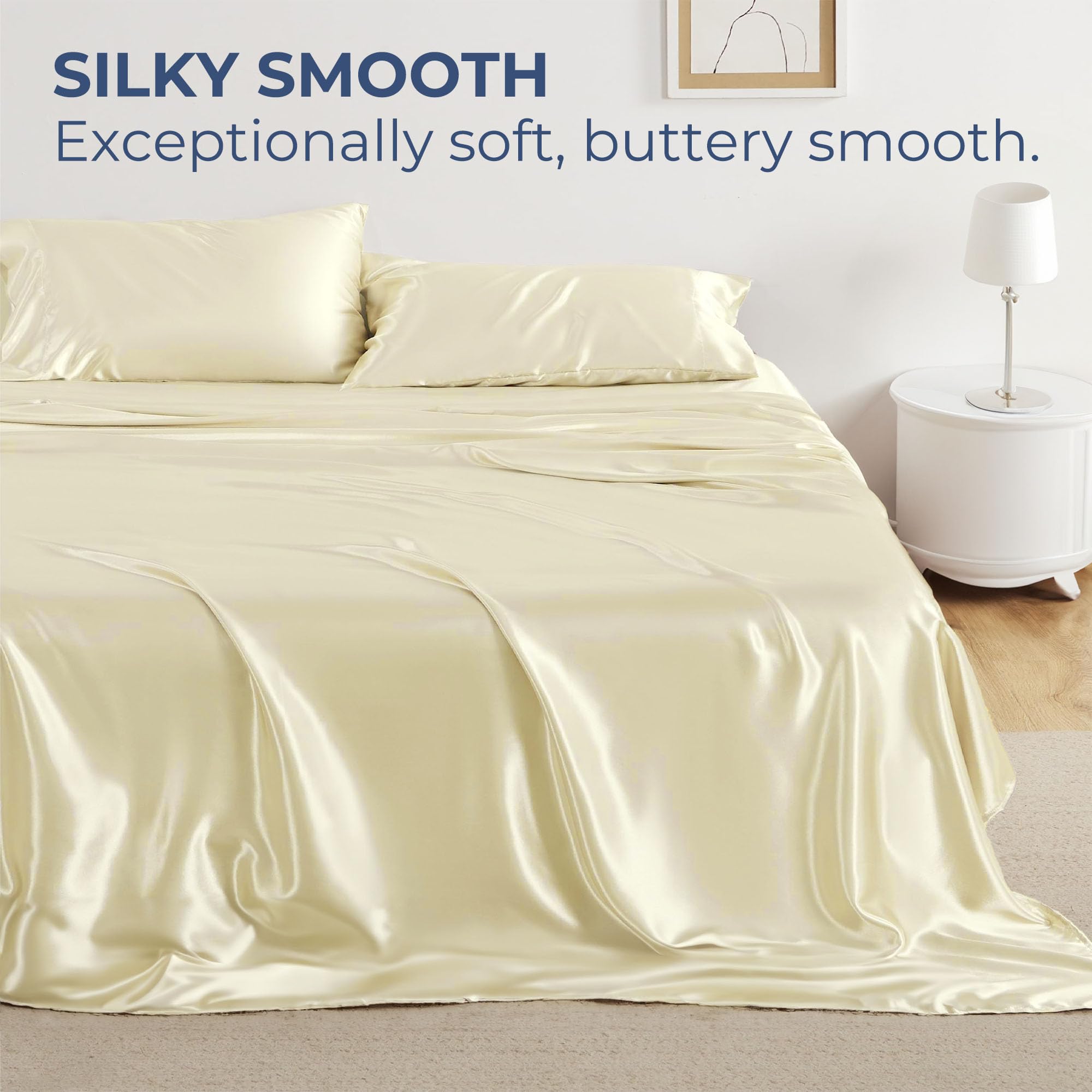 Seasonwood Satin Sheets Ivory Soft Microfiber Silk Bed Set 3pcs Twin Sheets