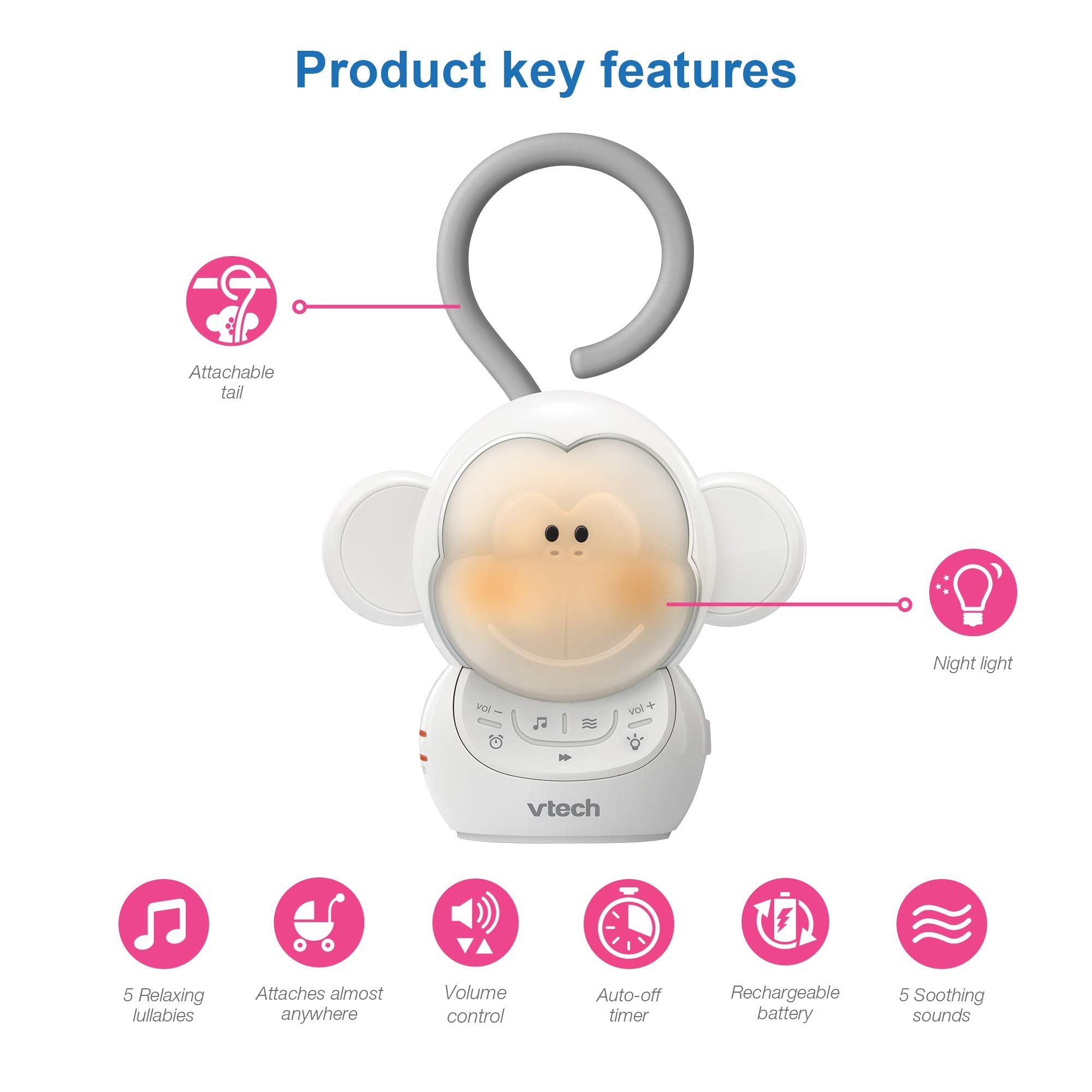 VTech Communications BC8211 Myla The Monkey Baby Sleep Soother with a White Noise Sound Machine Featuring 5 Soft Ambient Sounds, 5 Calming Melodies & Soft-Glow Night Light, 1 Count (Pack of 1)