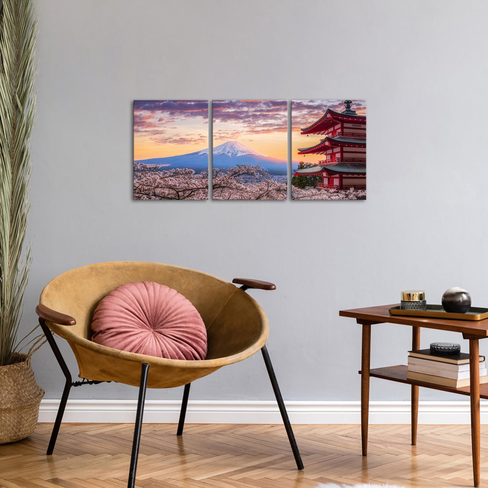 OuElegent Mount Fuji Canvas Wall Art Kyoto Cherry Blossom Japanese Landscape Pictures Print Artwork for Home Office Living Room Decor Framed 12"x16"x3 Pcs (small)