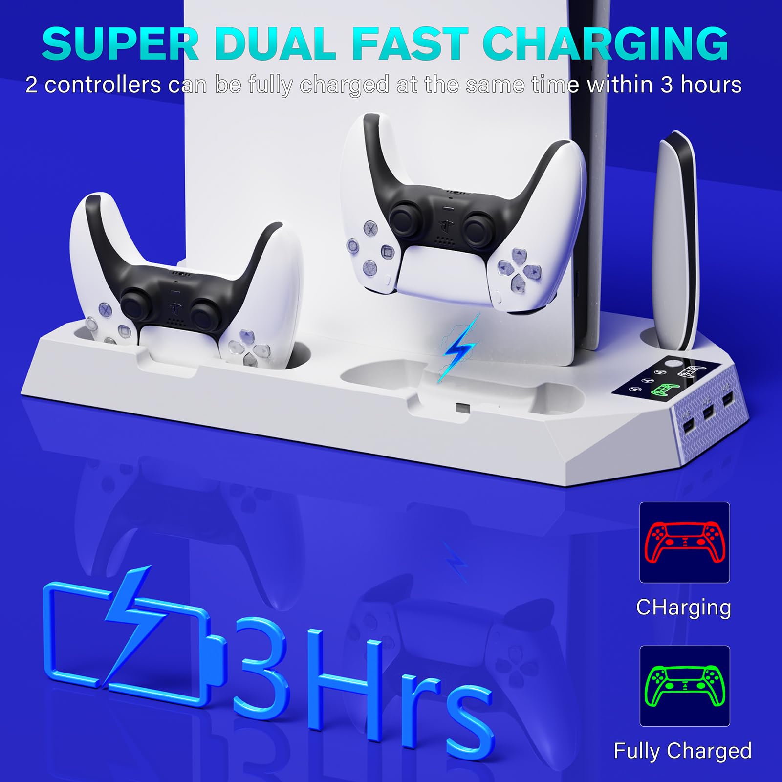 Cooling Stand Compatible with PS5, Cooling Station for PS5 & PS5 Slim Console Disc/Digital Edition, Charging Station with Dual Controller Charger, 3 Levels Cooling Fan, 3 USB Hubs & Headset Holder