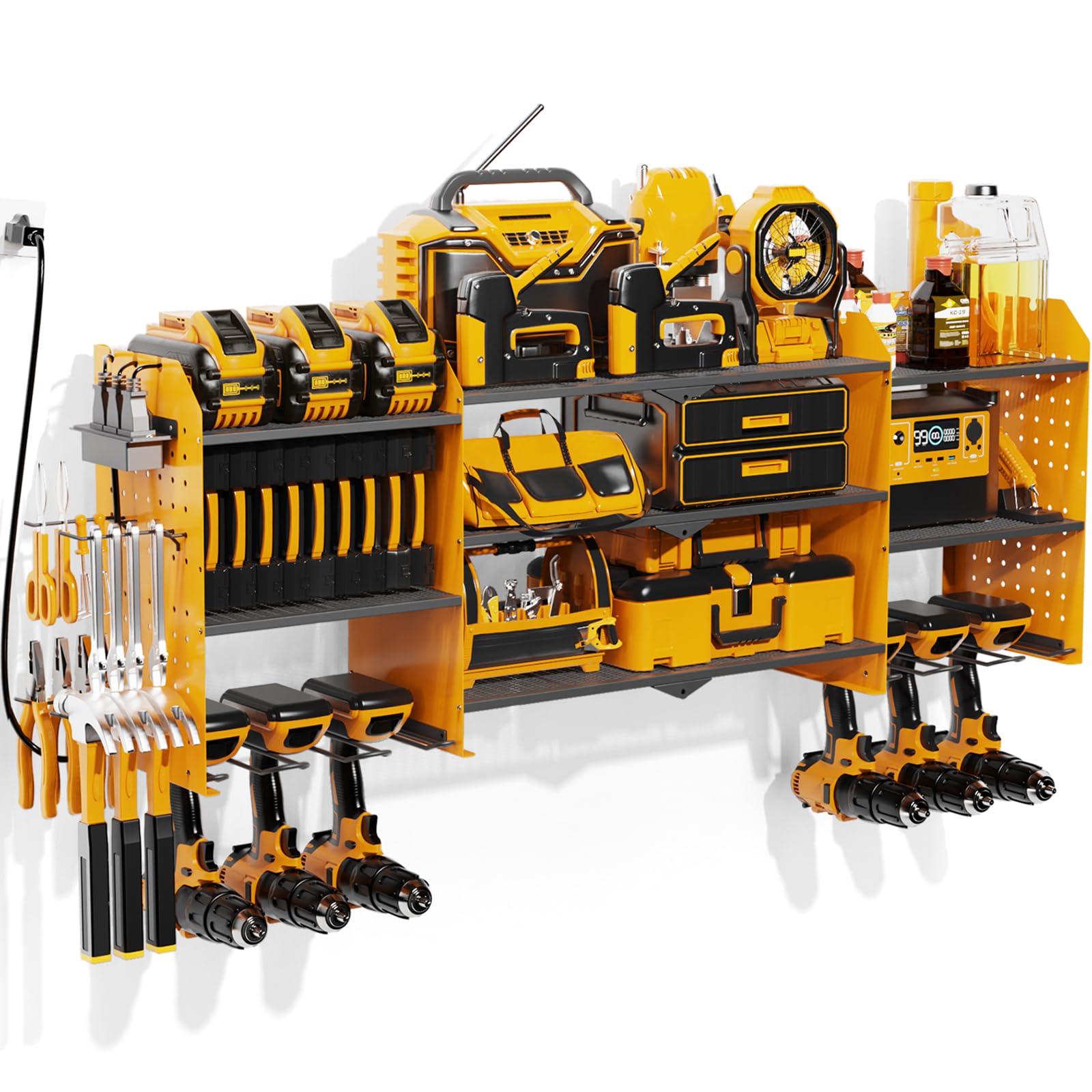 Xankzi Power Tool Organizer with Charging Station, 45.5" Garage Organization Wall Mounted, 3 Layers Electric Cordless Drill Holder with Outlet Power Strips, Garage Tool Storage for Impact Wrenches