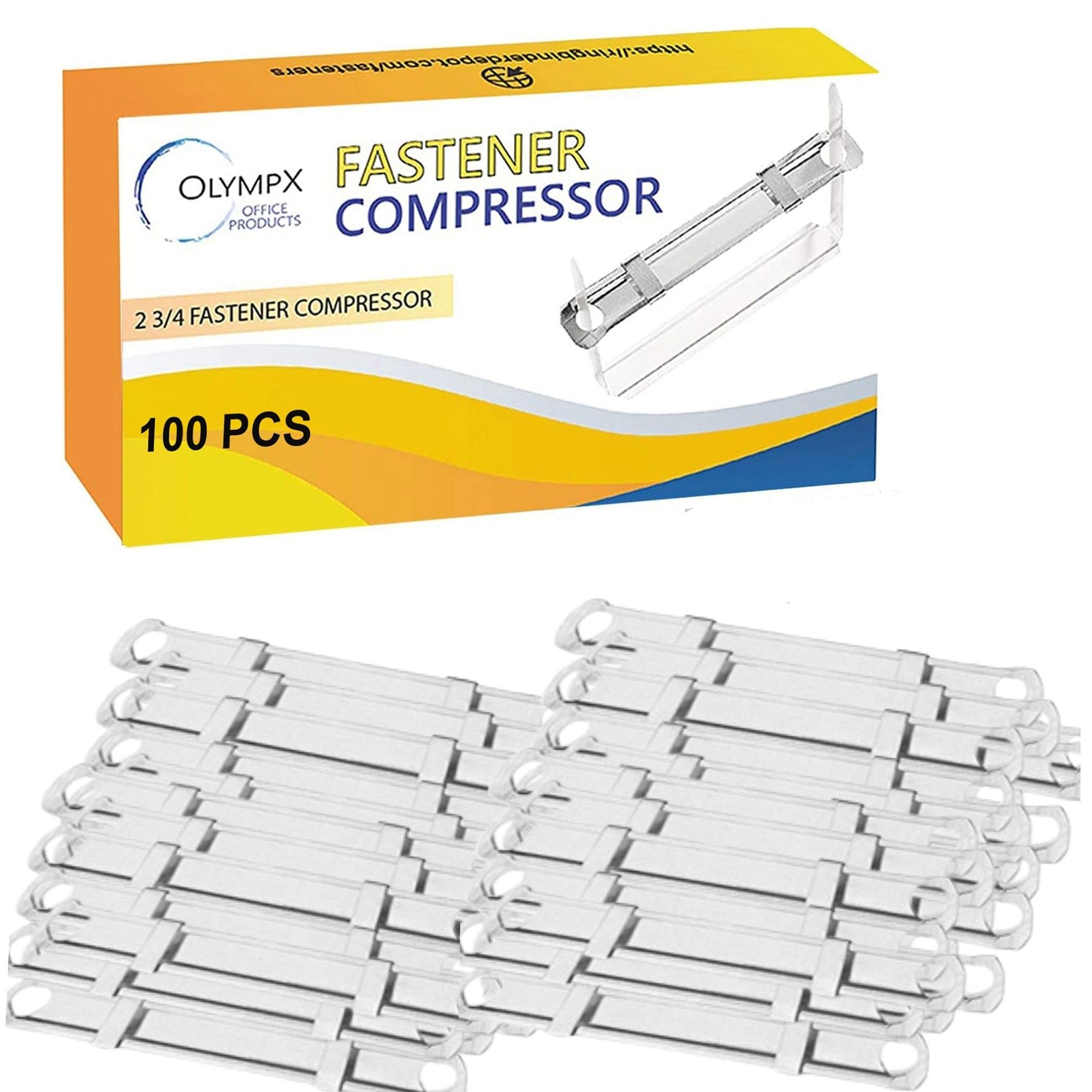 OLYMPX 100 Pcs of Prong Paper Fastener Compressors for Standard 2-Hole Punch, Works with 1 Inch - 3.5 Inch Capacity, 2.75 Inch Center for Paper Fastener Prong Bases, 100 per Box