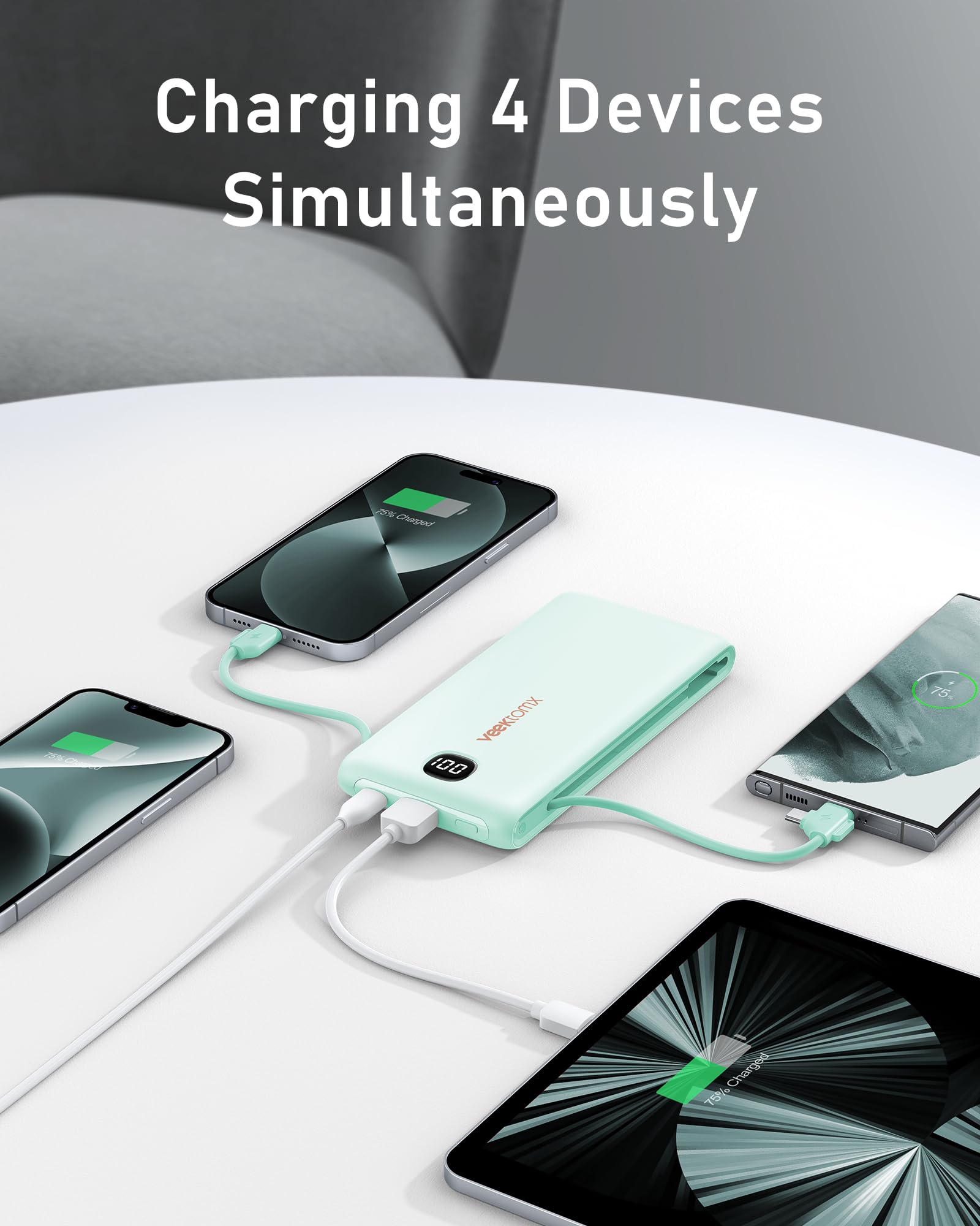 VEEKTOMX Portable Charger with Built in Cables 10000mAh, Power Bank for iPhone with Wall Plug, Travel Essential Fast Charging Slim USB C External Battery Pack for iPhone 17/16/15, Samsung, iPad, etc