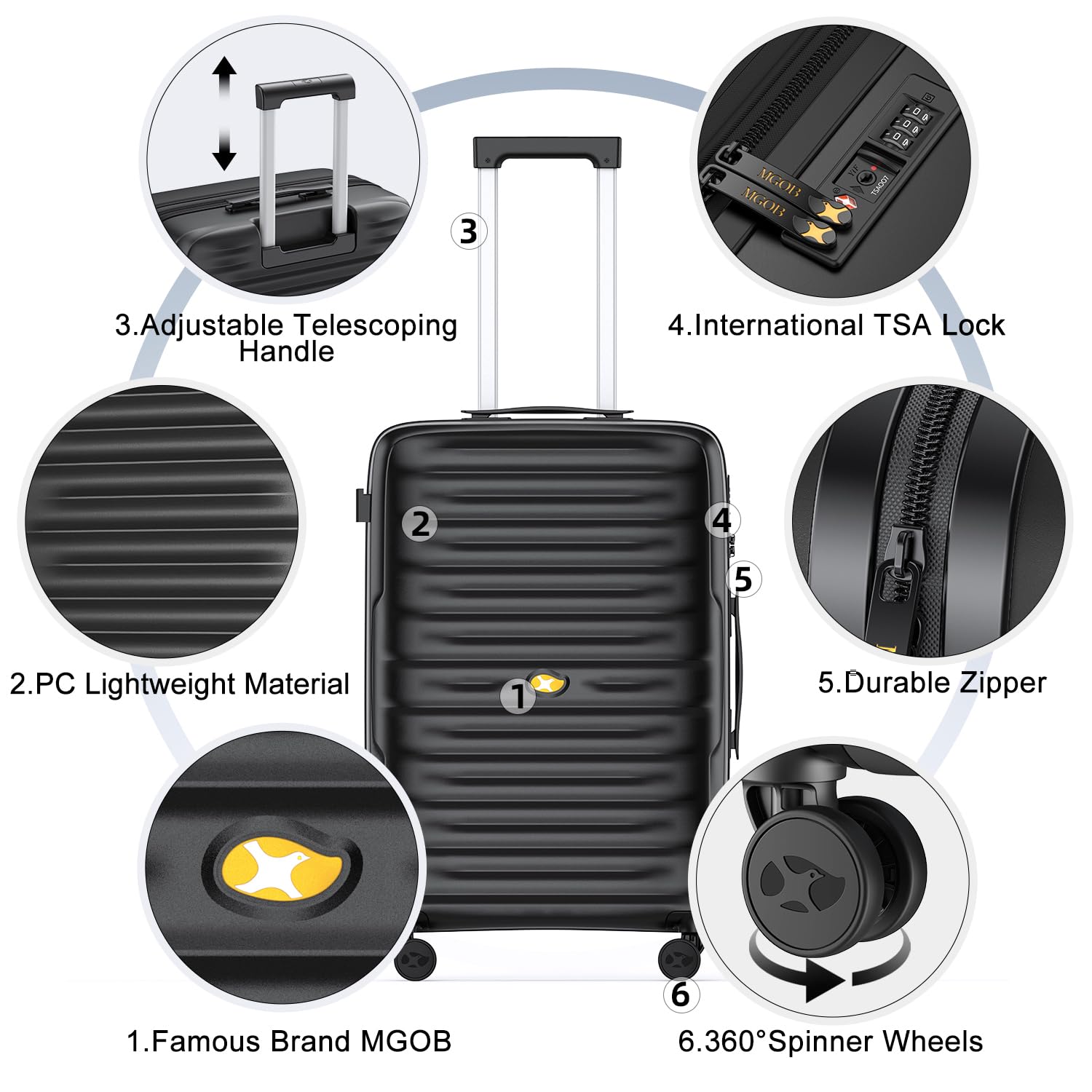 MGOB Carry On Luggage 22x14x9 Airline Approved, PC Hard Suitcases with Spinner Wheels, Lightweight Luggage, TSA Approved, 20 Inch Carry-On, Black