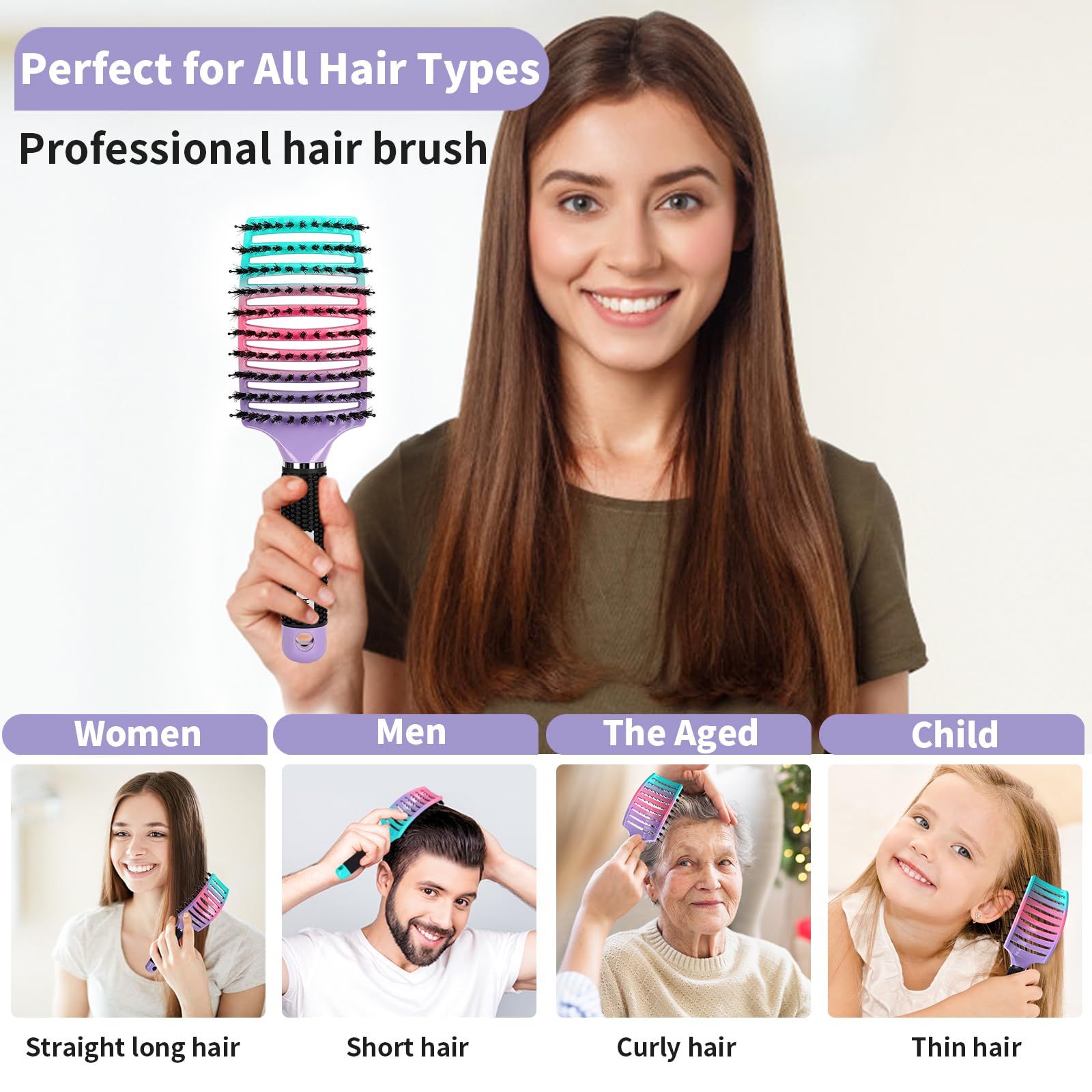 Detangling Brush 2 Pack, HIPPIH Detangler Hair brush for Adult & Kids’ Wet or Dry Hair, Boar Bristle Hair Brush Getting Knots Out without Pain Adds Shine and Makes Hair Smooth Purple