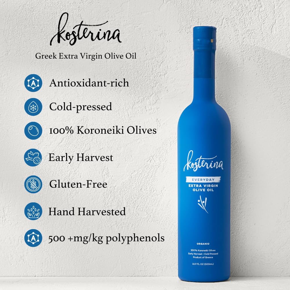 Kosterina - Everyday Organic Extra Virgin Olive Oil, High Heat Cooking Greek EVOO, Made from 100% Pure Early Harvest Koroneiki Olives, Natural Superfood, Polyphenol Rich, High Antioxidants (16.9 oz)
