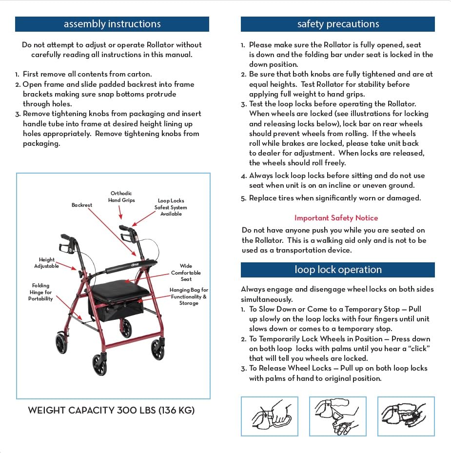 Drive Medical Aluminum Rollator Walker Fold Up and Removable Back Support, Padded Seat, 6" Wheels, Red