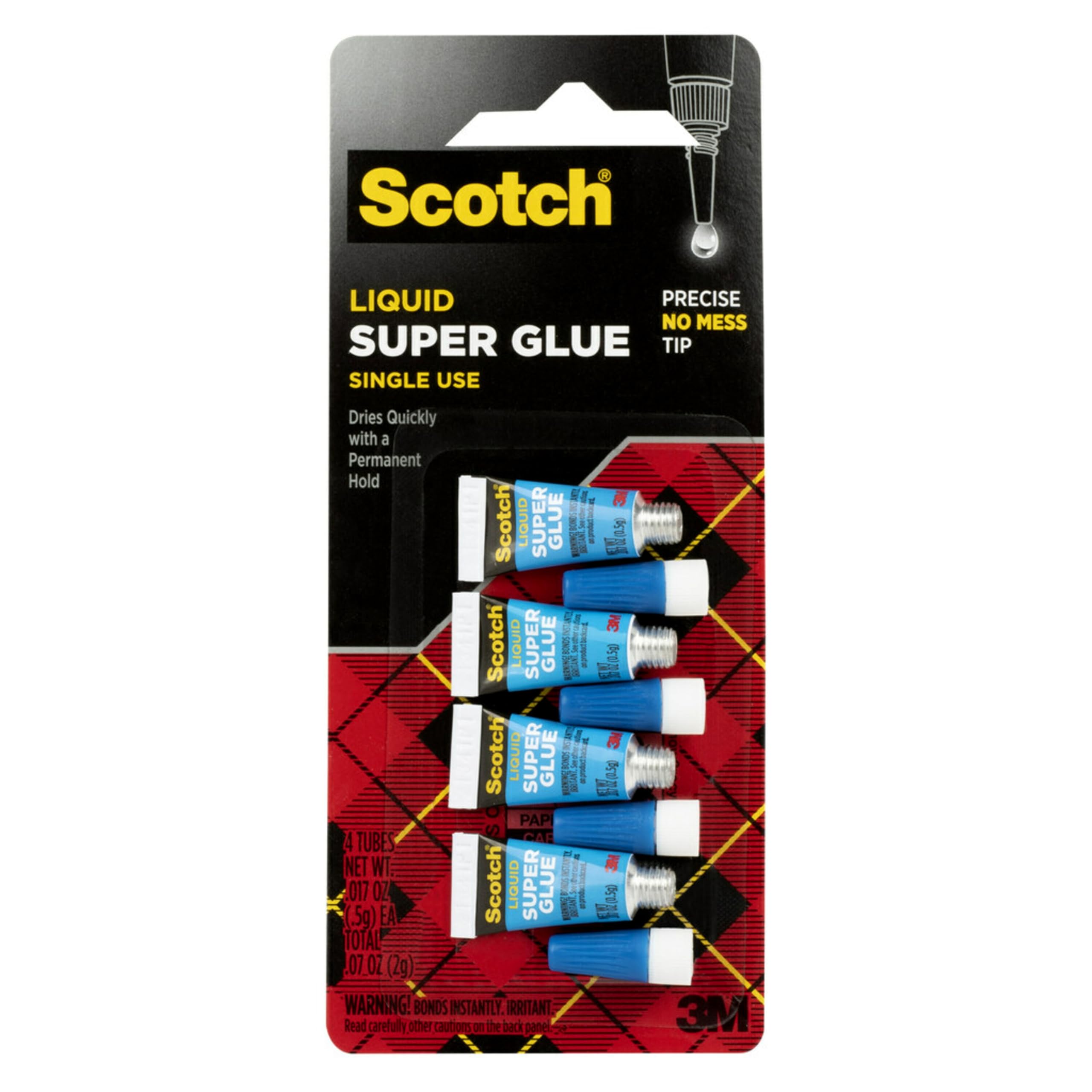 Scotch Super Glue Liquid, 4-Pack of Single-Use Tubes, .017 oz Each, Fast Drying Liquid Formula (AD114)