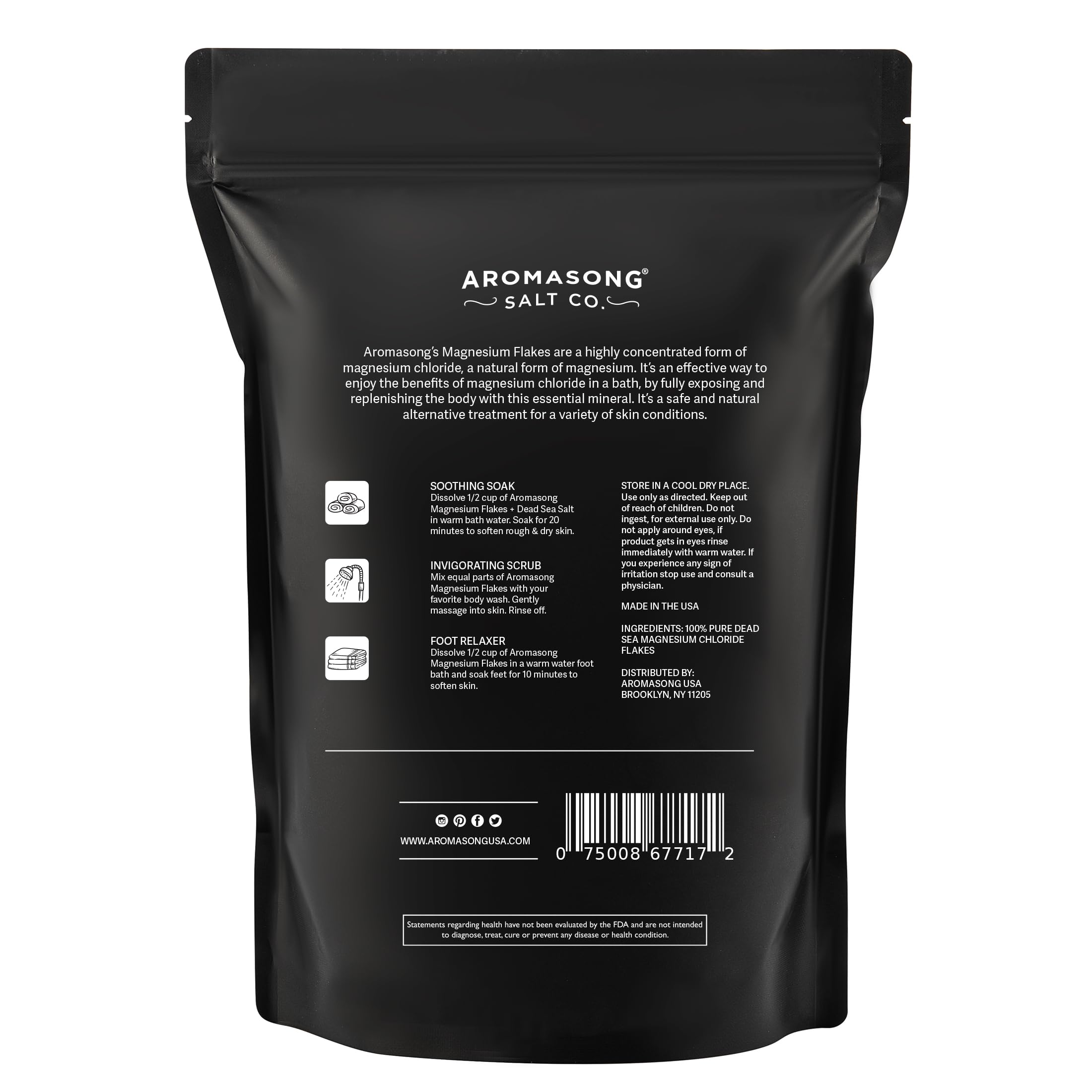 Aromasong Magnesium Flakes from The Dead Sea, 12 LB Resealable Black Bag - Muscle Relaxing Magnesium Chloride Bath Salts Soak for Headaches, Stress & Leg Discomfort