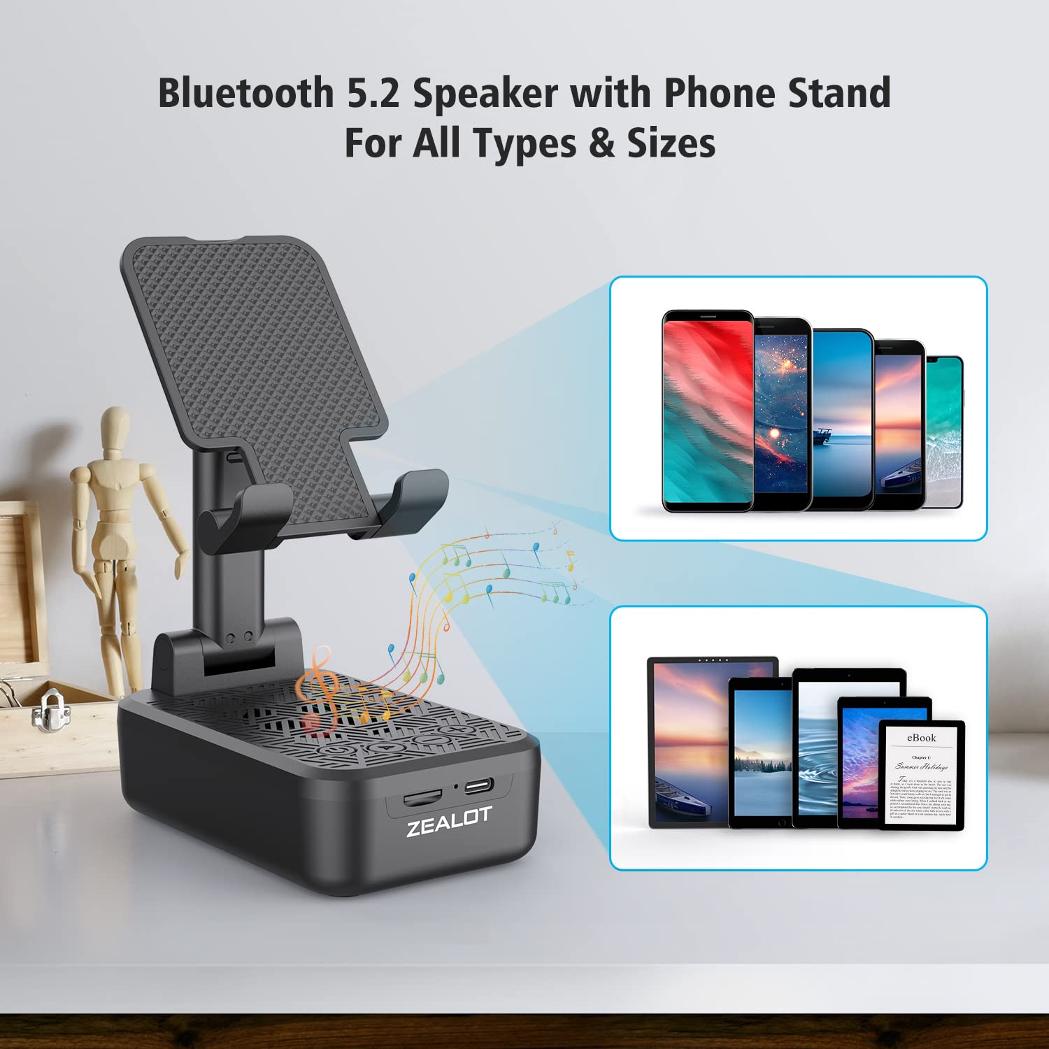 ZEALOT Bluetooth Speaker with Phone Stand, Phone Holder,Ipad Stand and Holder,Cell Phone Stand,Compatible Widely,Gifts for Women or Men