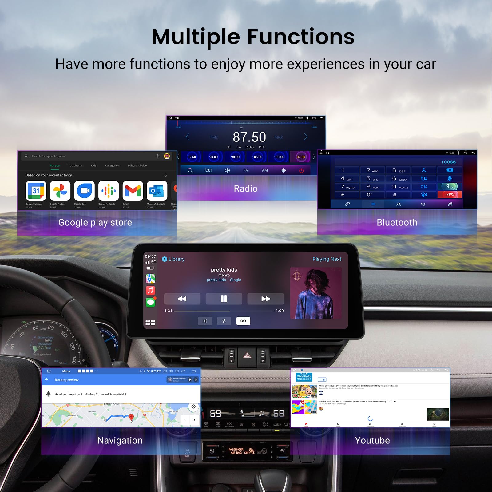 Roadanvi 12.3" 8GB+128GB Android Car Stereo for Toyota RAV4 2019 2020 2021, Wireless Apple Carplay & Andorid Auto, AM/FM Radio,Bluetooth,8 Core, Head Unit, QLED, 1920x720 Touch Screen, GPS Navigation