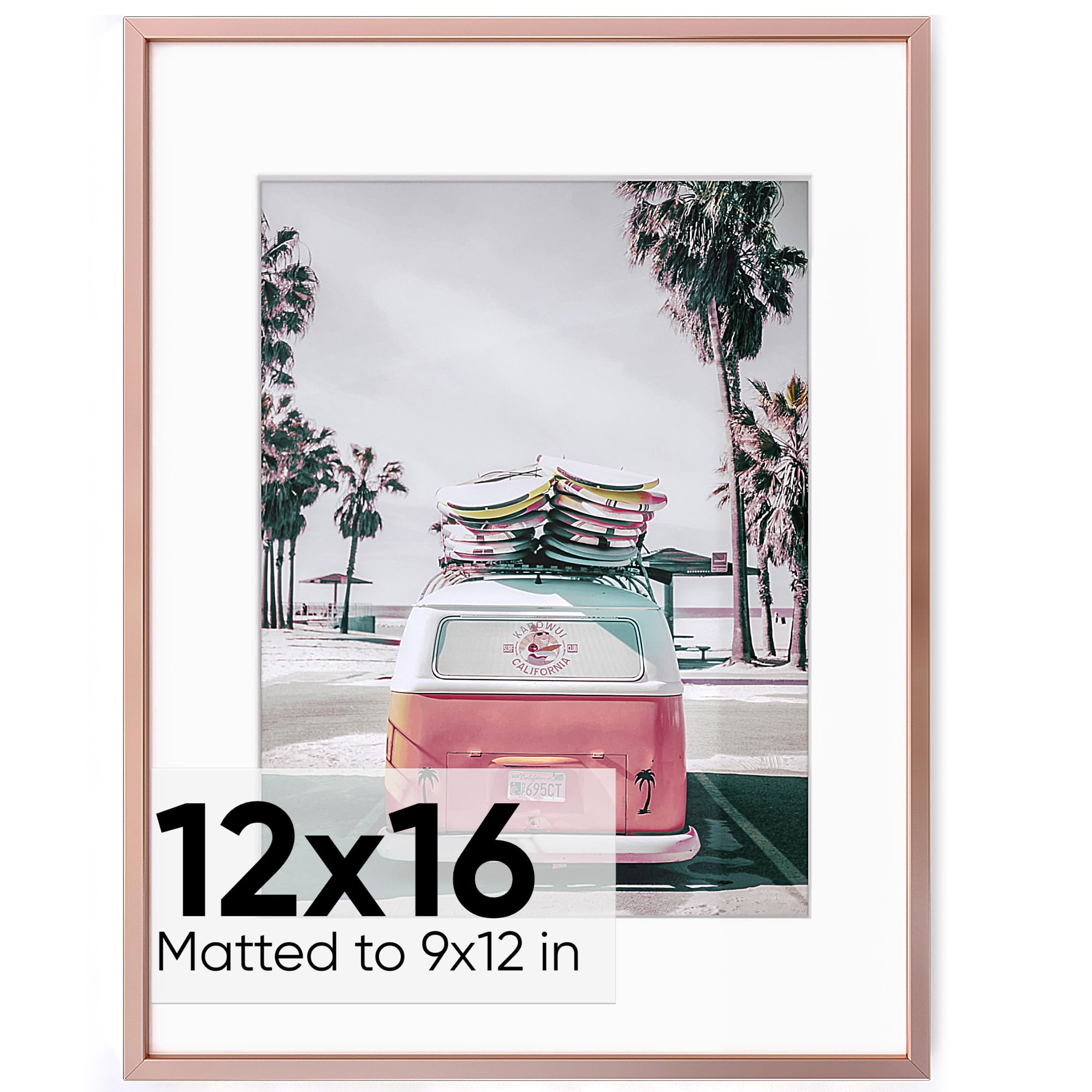 Homeforia - 12x16 inch Metal Picture Frame - 12 x 16 Aluminum Photo Frames - 12x9 Mat - Tempered Glass - Wall Hook Included - Set of 1 - Rose Gold