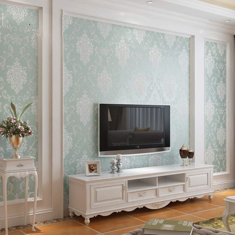 Q QIHANG DAWEI 3D Luxury Damask Pearl Powder Non-Woven Wallpaper Roll for Living Room Light Blue Color 1.73'W x 35.8'L