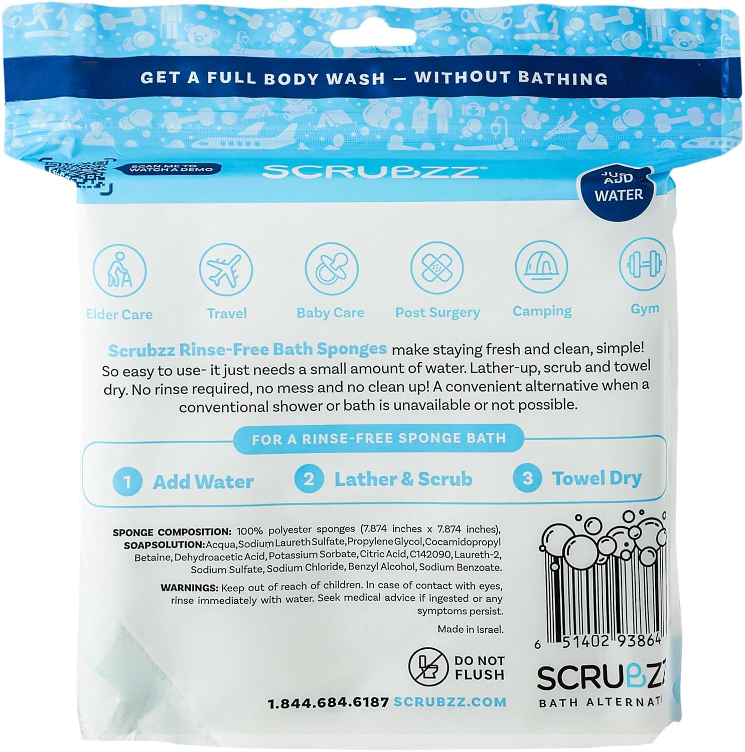 Scrubzz Disposable No Rinse Bathing Wipes - All-in-1 Single Use Shower Wipes, Simply Dampen, Lather, and Dry Without Shampoo or Rinsing (Unscented, 4-Pack)