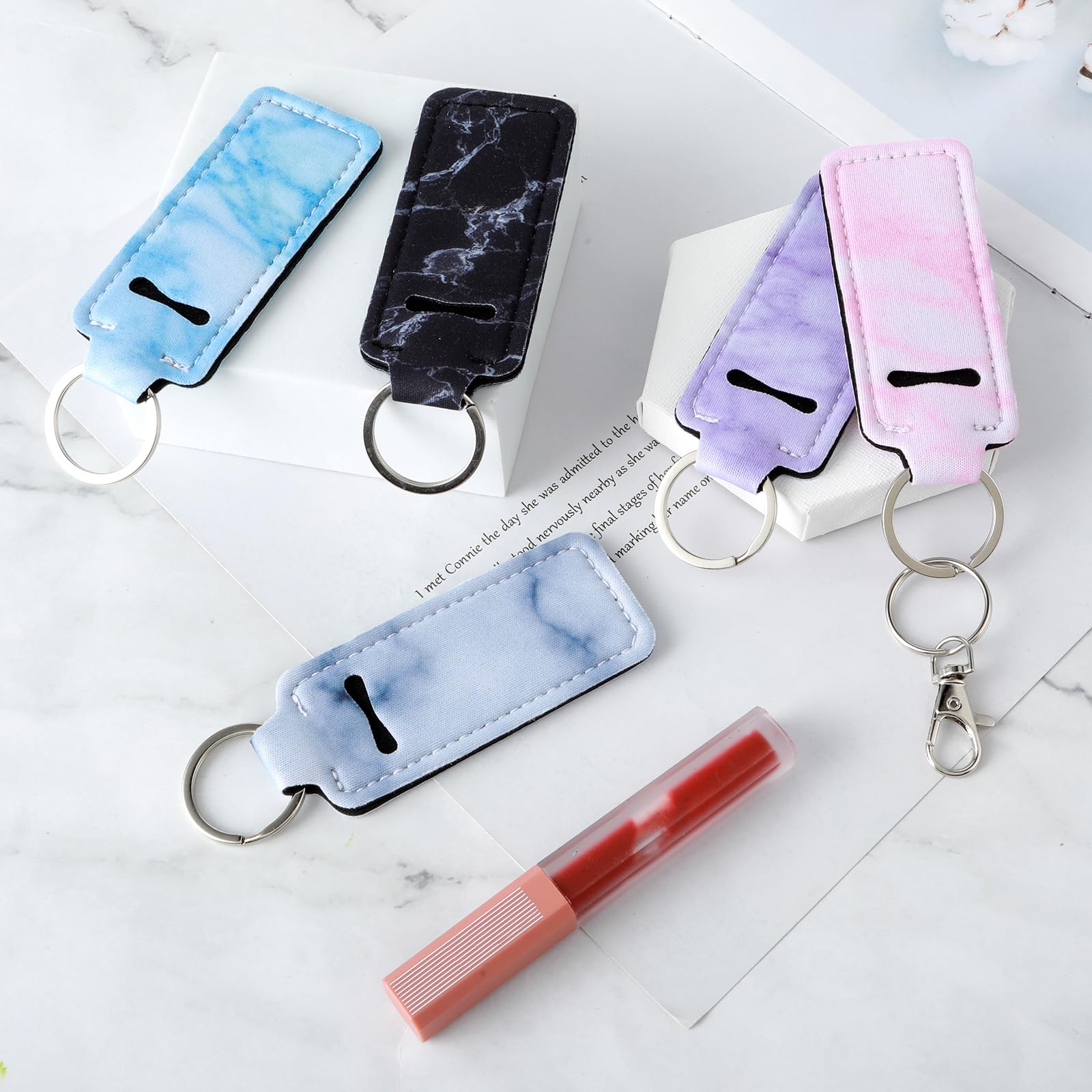 DIVINA VITAE 5 Pcs Chapstick Holder Keychain with 5 Pcs Metal Clip Cords,Neoprene Lip Balm Holder Keychain Cute Chapstick Keychain for Chapstick Tracker and Safeguard(5 Styles)