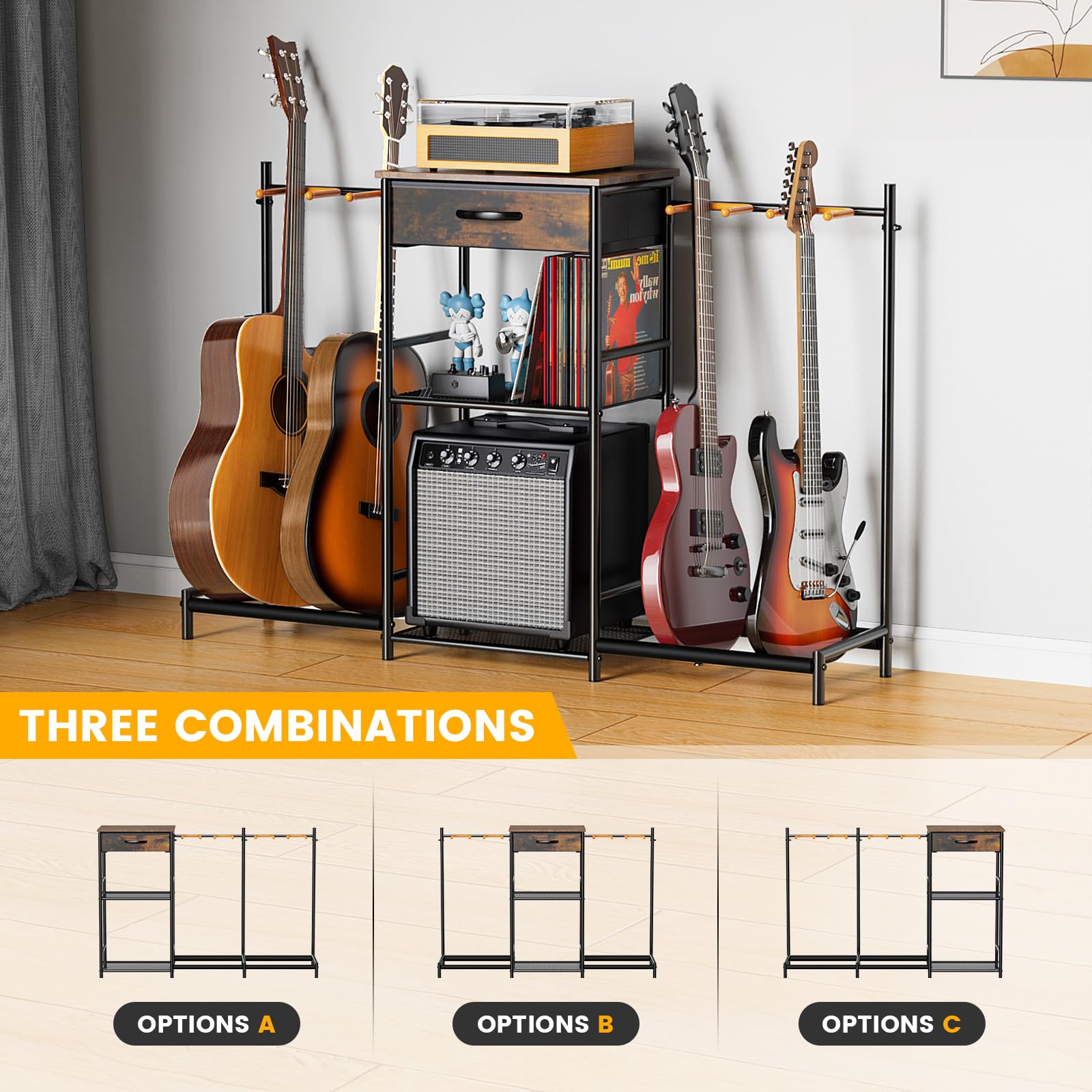 Guitar Stands Floor with 4 Guitar Holders, 3-Tier Guitar Stand Multiple Guitars, Guitar Rack with Amp Stand & Cloth Drawer, Multi Guitar Stand for Music Studio, Guitar Accessories gift for Music Lover