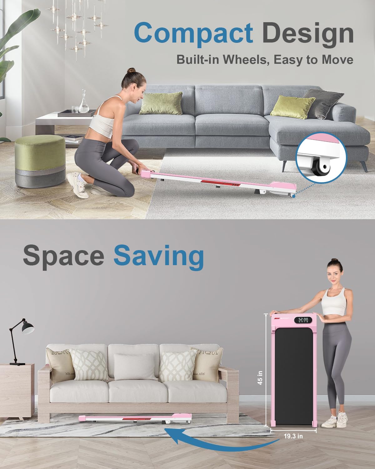 Walking Pad Treadmill with 5% Incline, 5 MPH Under Desk Treadmill for Home & Office, 300+ lb Capacity, Ultra Quiet < 45dB, Remote Control, Compact & Portable & Small, Pink