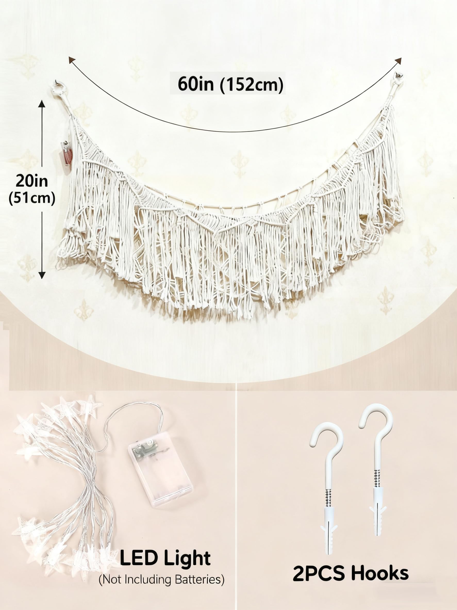 Stuffed Animal Hammock or Net With LED Lights Extra Large Wall Hanging Stuffed Animal Storage Nets for Teddy Bear Handmade Macrame Hanging Toy Net Hammock for Stuffed Animal Storage (Beige)