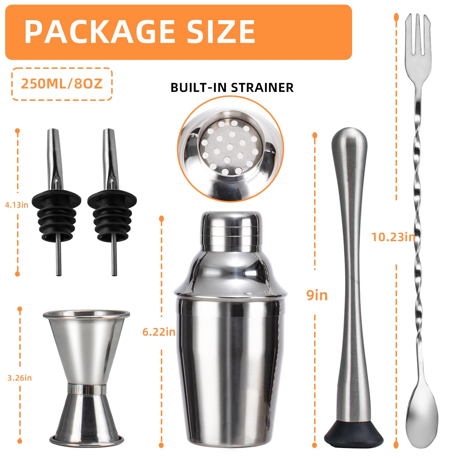 WELKOR 6 Piece 8oz Professional Cocktail Shaker Set with Built-in Strainer,Martini and Margarita Shaker for Home Bar, Boston Bartending Kit Gift for Beginners (250ml/8oz)