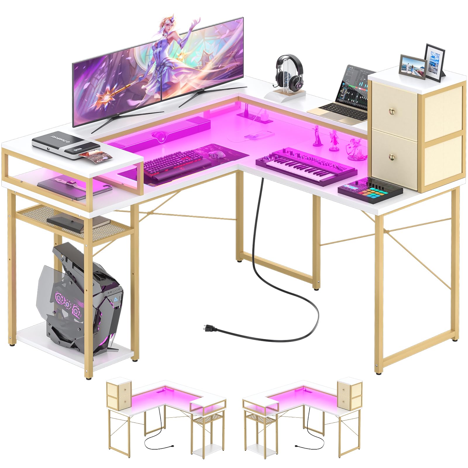armocity L Shaped Desk with Drawers, Reversible Corner Computer Desk with LED Light & Power Outlet, 55.2'' L-Shaped Gaming Desk with Long Monitor Shelf, Home Office Desk for Small Corner Space, White