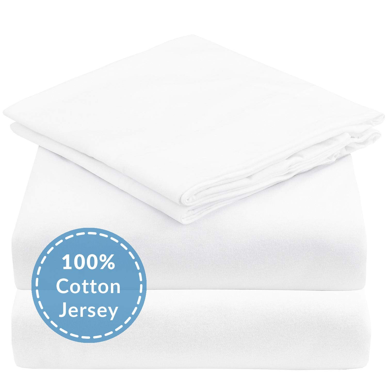 Mellanni Jersey Sheets Set - 4 Piece 100% Jersey Knit Cotton - Soft, Comfortable, All-Season Bedding - Deep Pocket T-Shirt Sheet Set (Queen, White)