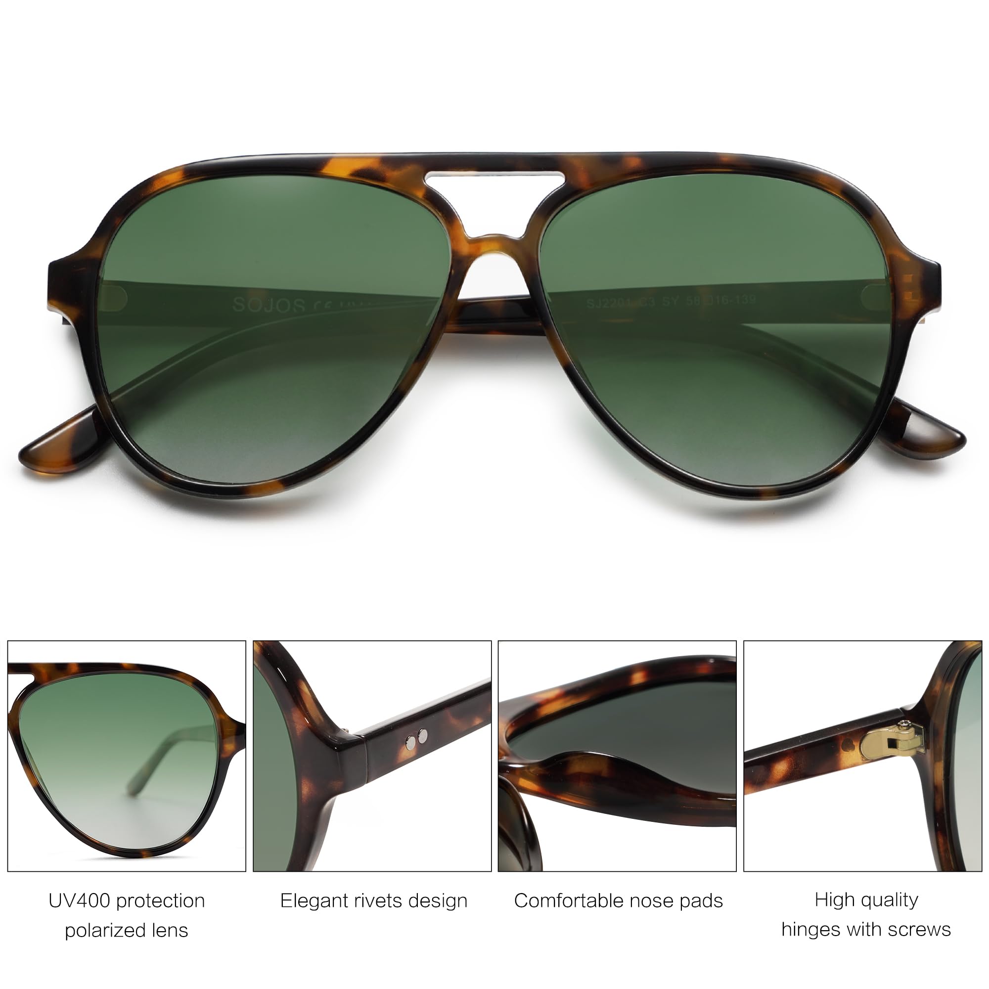 SOJOS Classic Polarized Aviator Sunglasses for Women Men, Retro Trendy Aviators Shades SJ2201, Tortoise/Gradient Green