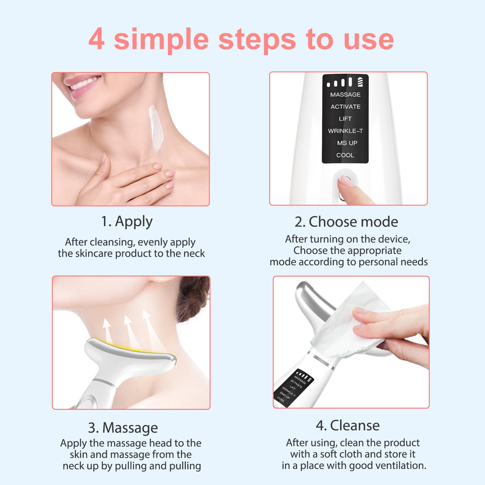 MASIKE Neck Face Beauty Device, Multifunctional Portable Facial Massager, 4 Color Led Face Neck Massager for Skin Care