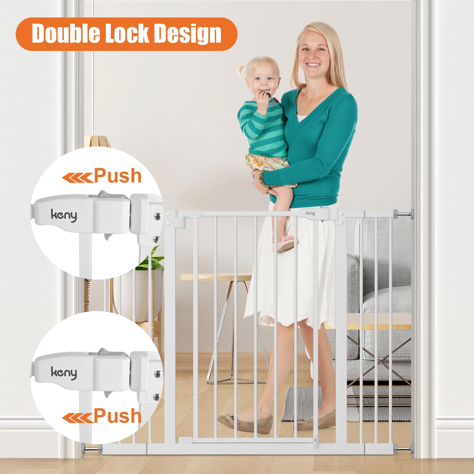 keny 29"-42.5" Baby Gate for Stairs, Auto Close Safety Dog Gate, Pressure Mounted Easy Walk Through Pet Gate for Doorways, Durable Safety Stair Gate, 30" Tall, White