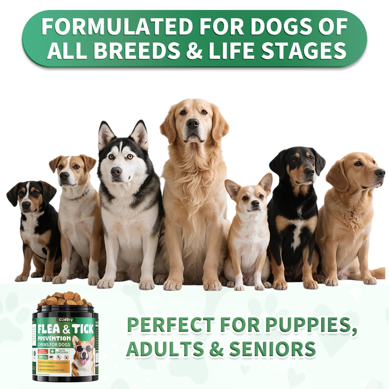 Flea and Tick Prevention for Dogs Chews – 200 Soft Chews, Dog Flea Chewables with Skin & Coat Support – Oral Supplement for All Breeds & Ages – Natural Duck Flavor