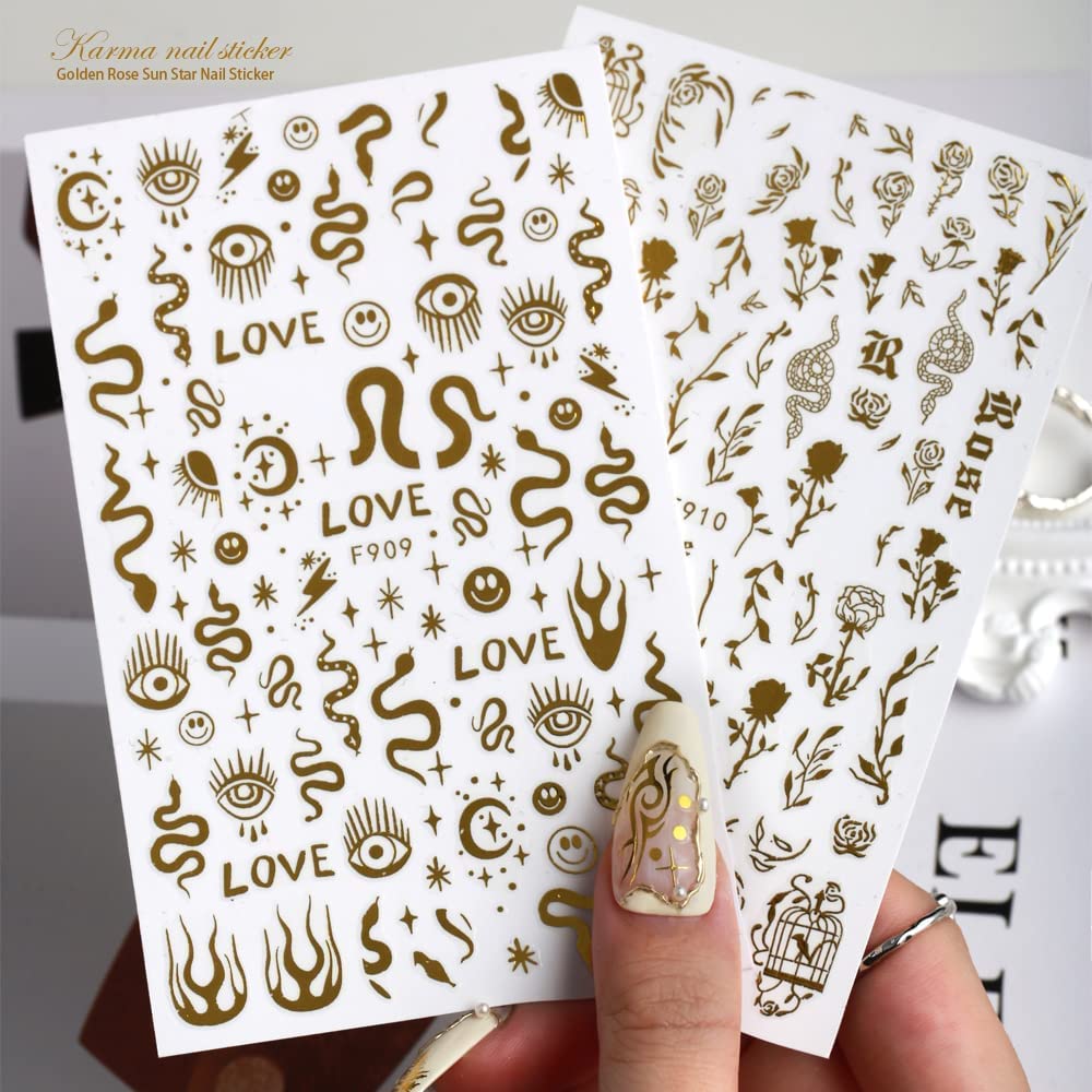 8 Sheets Gold Snake Nail Stickers 3D Bronzing Rose Eyes Heart Nail Art Decorations Self-Adhesive Stickers for Acrylic Nail Art Decals Women Nail Accessories Nail Supplies