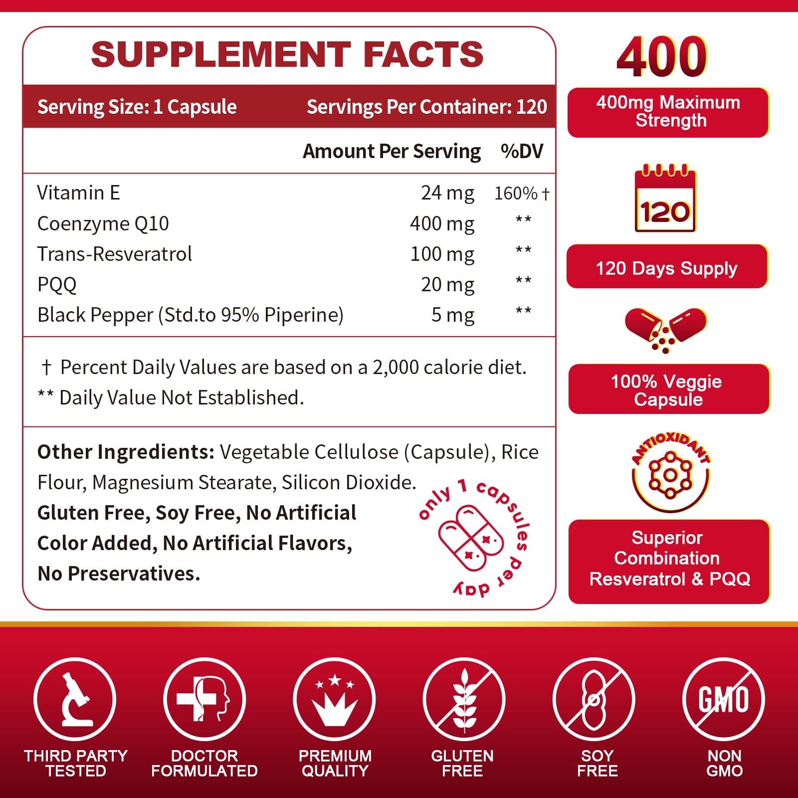 ZEBORA CoQ10-400mg with Trans-Resveratrol, PQQ & Vitamin E - High Absorption Coenzyme-Q10 with BioPerine - Powerful Antioxidant for Heart & Energy-Production,120 Veggie Capsules