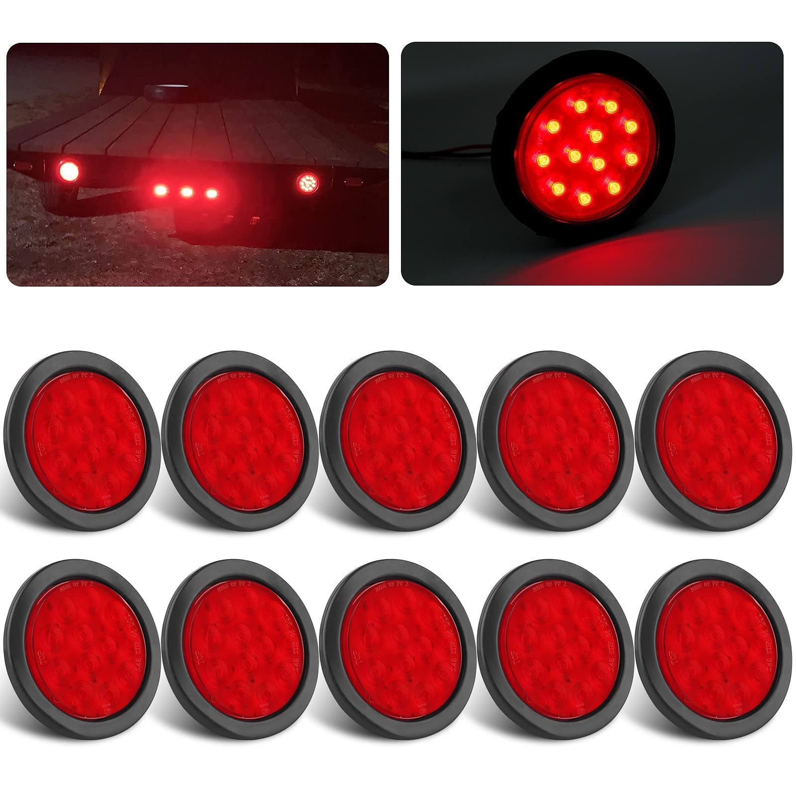 10Pcs 4 Inch Round Led Trailer Tail Lights Red 12 LED Waterproof 4" Round LED Stop Turn Tail Brake Light Marker Trailer Truck RV Lights Sealed Grommet Flush Mount w/3 Prong Wire Pigtails
