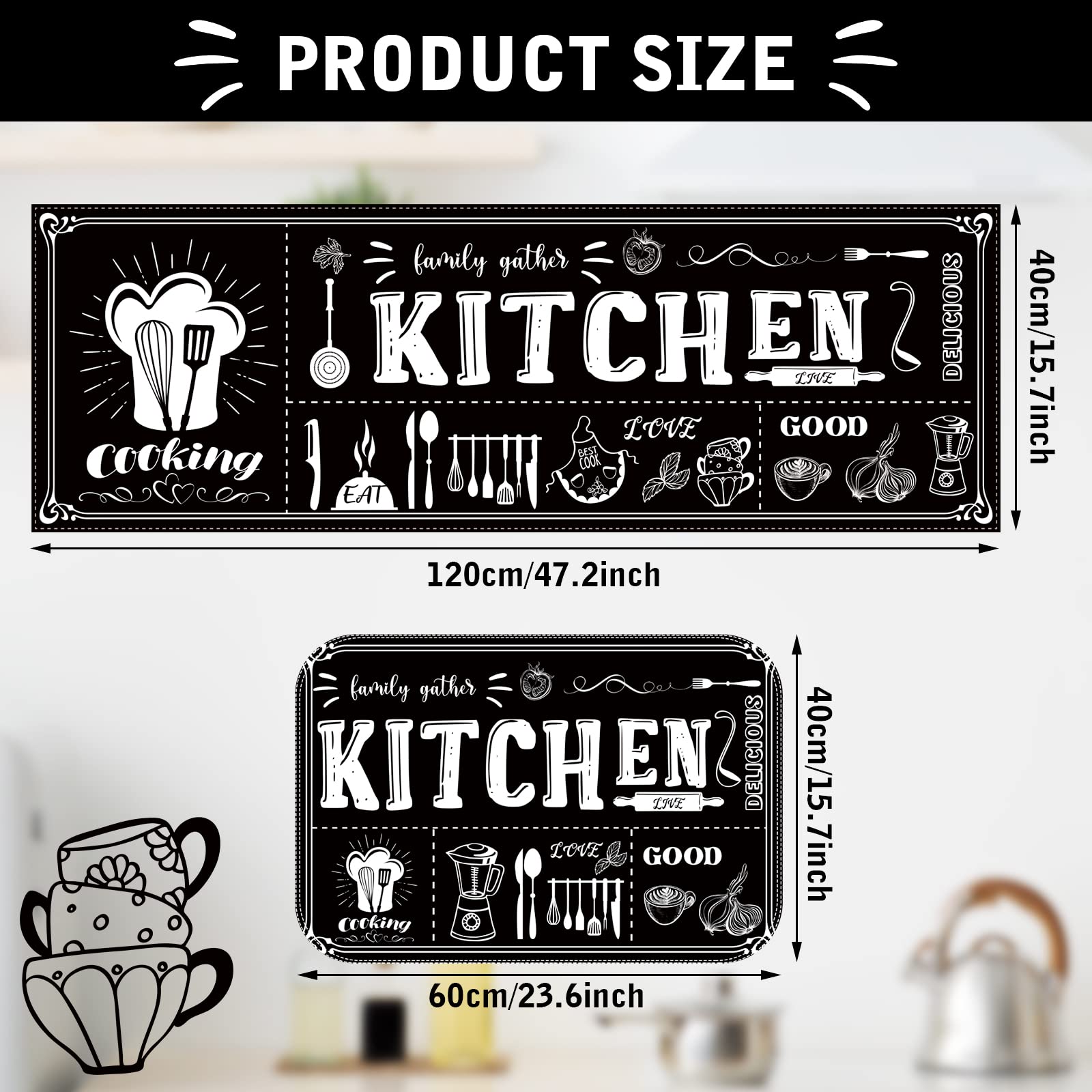 Sinmoe 3 Pcs Kitchen Rug Set Non Skid Thick Black Kitchen Rugs and Mats Stain Resistant Anti Fatigue Mats for Microfiber Floor Non Slip Backing Mat, 15.7" x 47.2", 15.7" x 23.6"