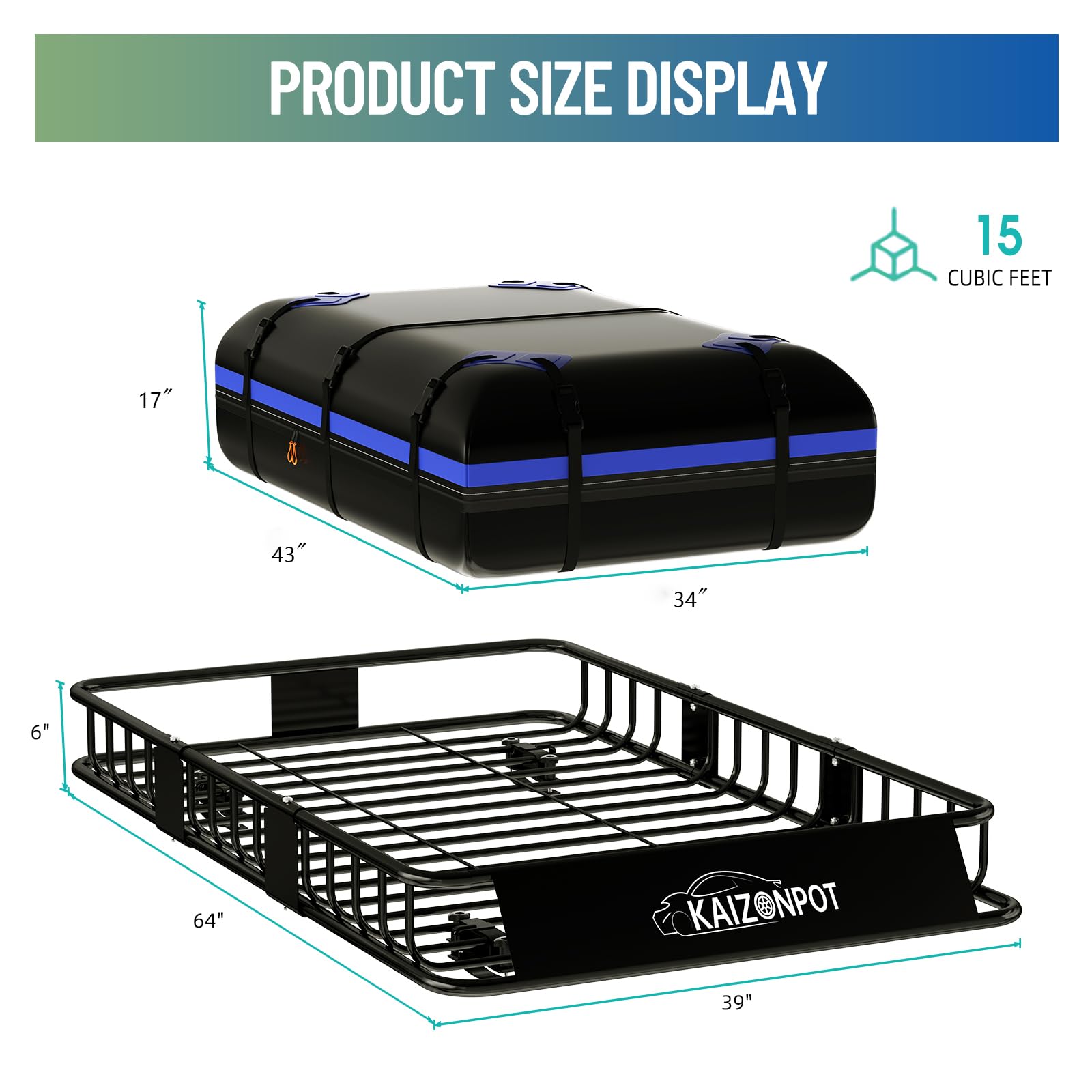 KAIZONPOT 64"x 39"x 6" Roof Basket with 15 Cu.Ft. Waterproof Bag, 250LB Cap Heavy Duty Roof Rack Cargo Basket, Universal Rooftop Cargo Carrier with Cargo Net, Ratchet Straps for Luggage Holder