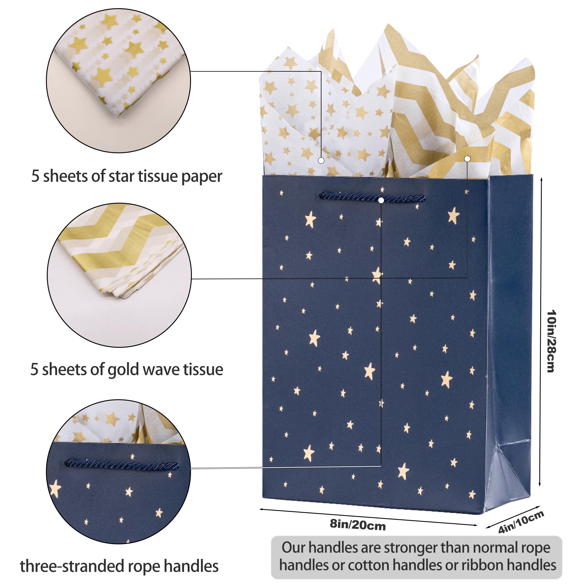 SHIPKEY Gift Bags, 10 Pack Navy Blue with Gold Foil Stars, Kraft Paper Bags with Handles, Bulk for Men, Groomsmen, Christmas Gifts, 8x4x11inch, Includes Tissue Paper