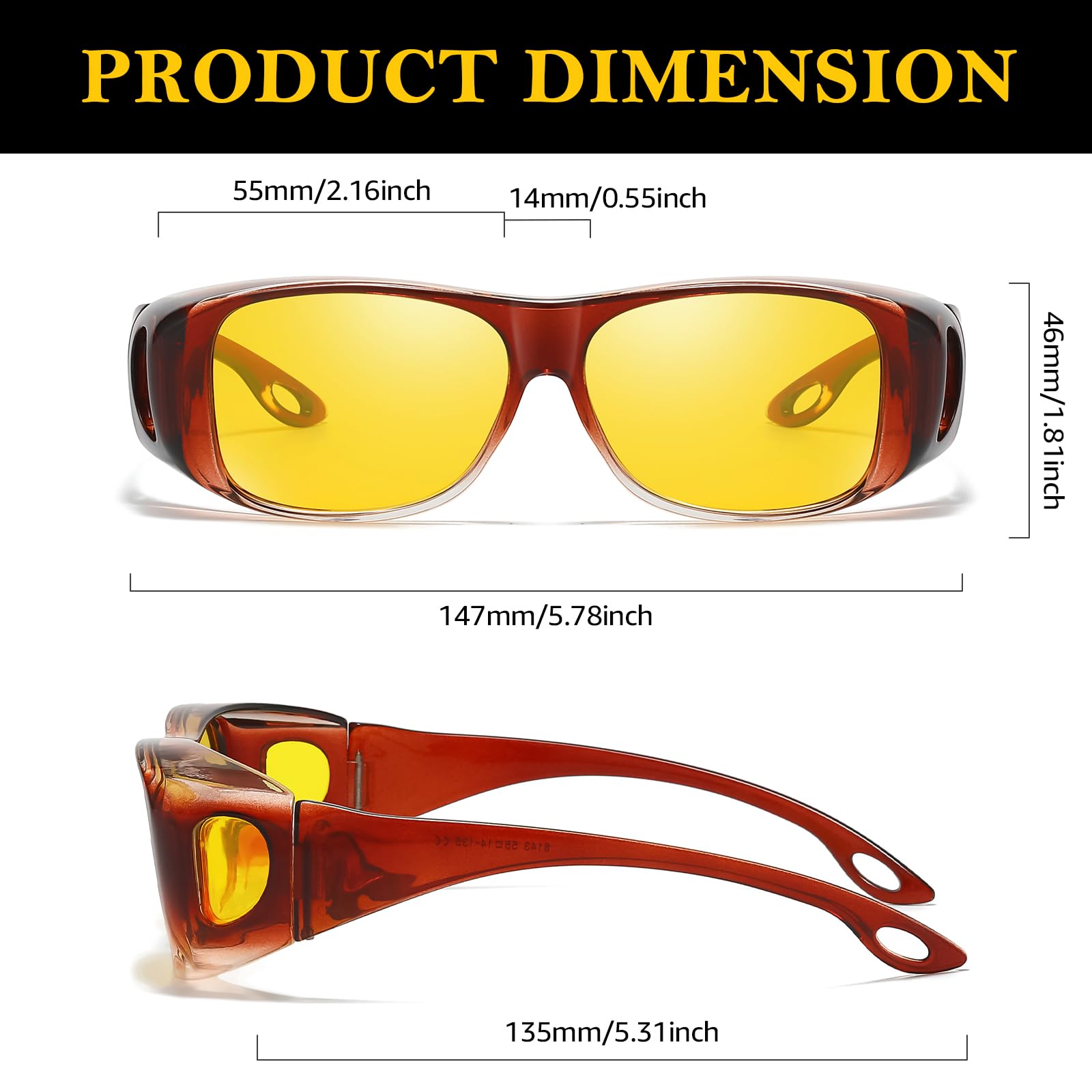 TJUTR Night Vision Driving Glasses for Women Men, Fit Over Wraparound Eyeglasses, Polarized Yellow Lens Anti-glare Nighttime