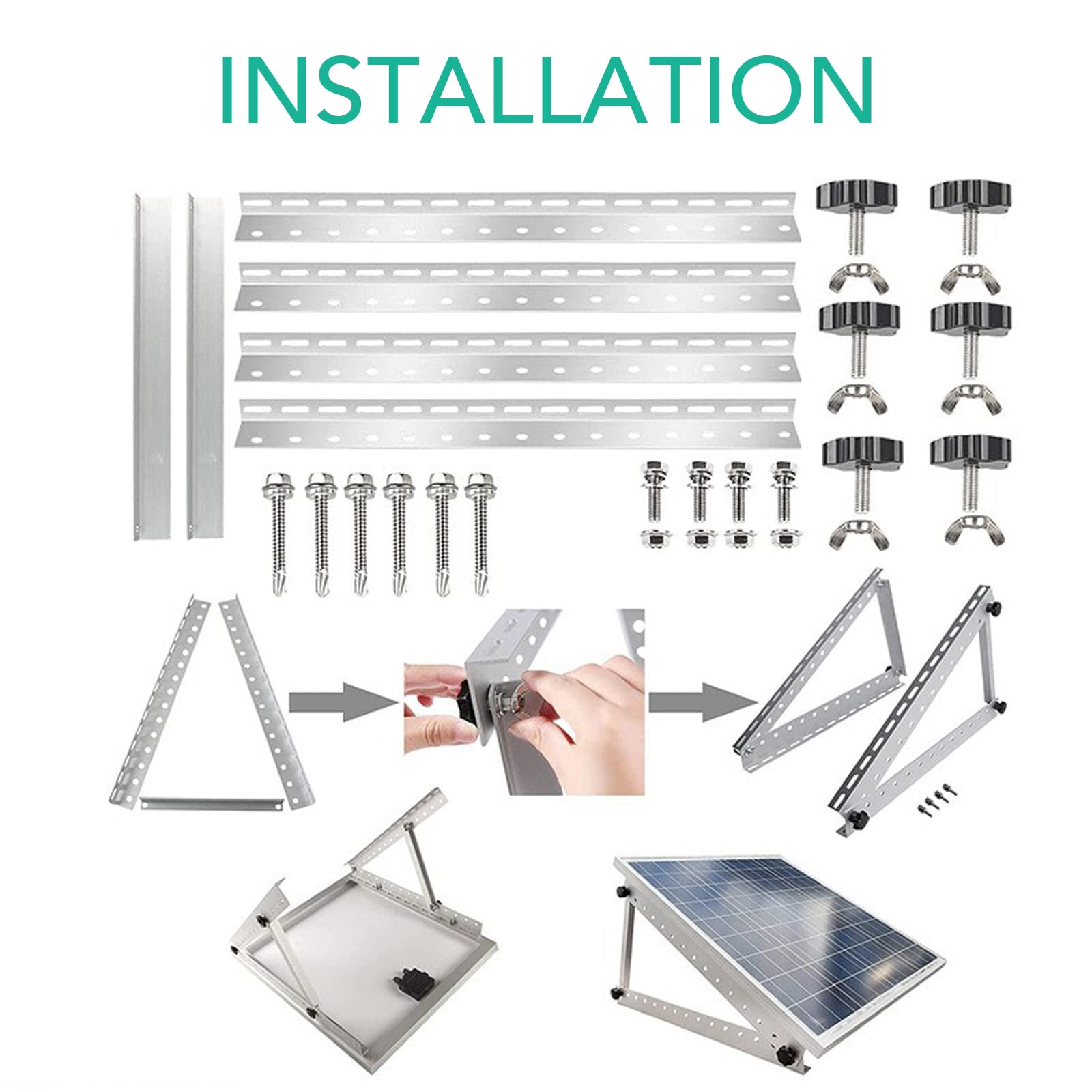 41in 4 Sets Adjustable Solar Panel Mount Brackets Kit - Anodized Aluminum Tilt Legs for 100-500W Panels (1-4Pcs), Foldable Roof RV Boat Off Grid Solar Racking System (41 in 1 Set)