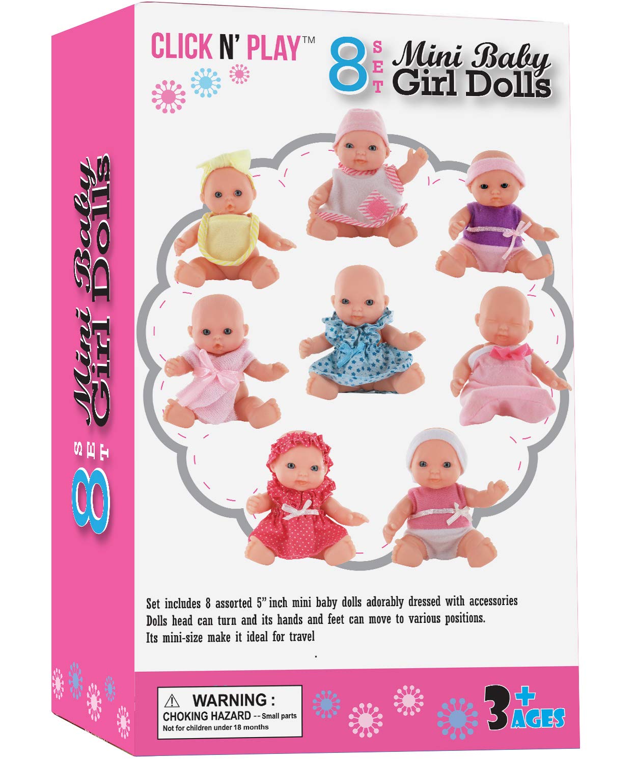 Click N' Play Small Baby Doll Set - Set of 8, 5" Small Toy - Nursery Playset Tiny Plastic Babies - Mini Baby Dolls for Girls Toddlers and Kids 3+ - Small Dolls