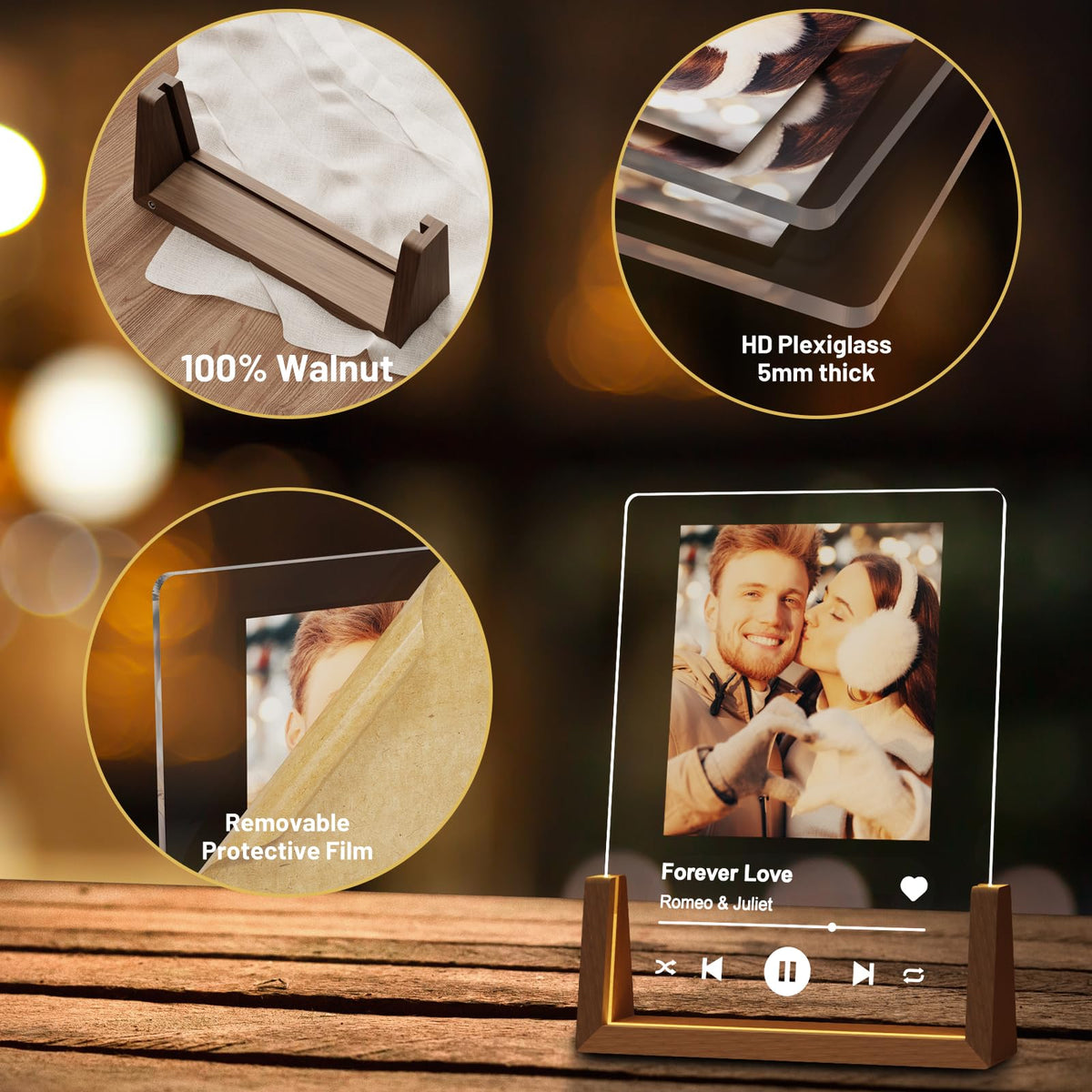 LUCKOR Personalized Photo Gifts for Girlfriend Women Wife Her, Customized Walnut LED Picture Frame for Couple Boyfriend Him, Custom Spotify Plaque for Anniversary Birthday Christmas Valentines Day
