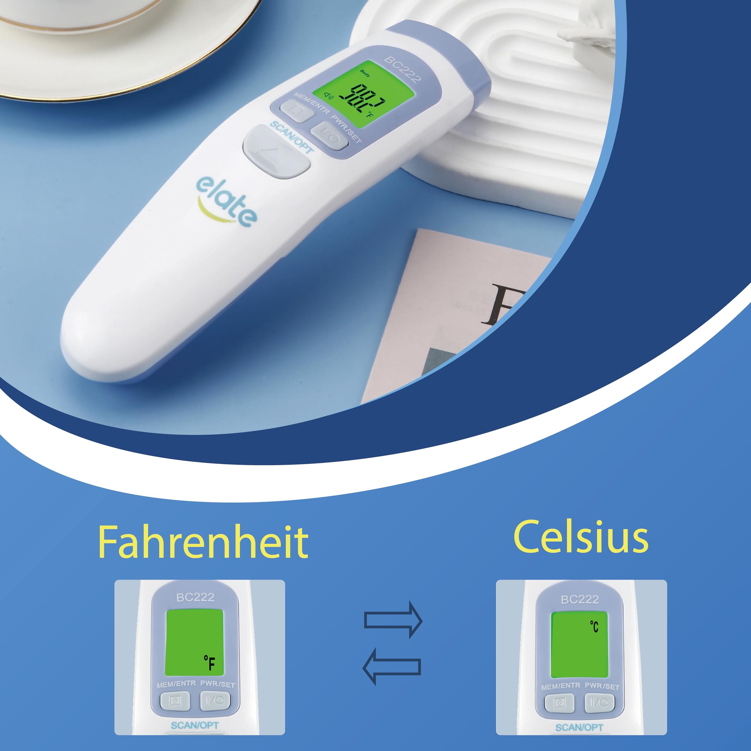Elate No-Touch Forehead Thermometer for Adults and Kids, Non-Contact Digital Baby Thermometer for Infants/Newborns. Medical Grade Touchless Temporal Thermometer for Fever, FSA HSA Eligible
