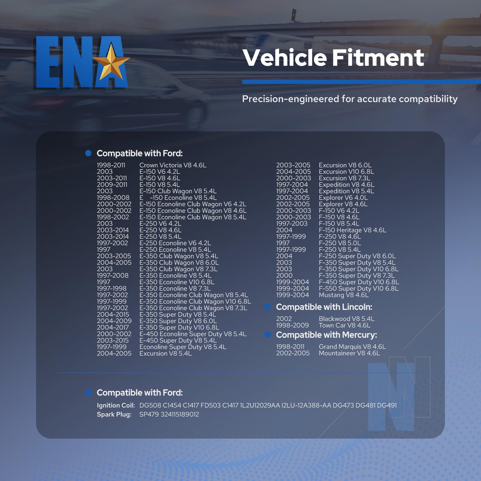ENA DG508 Ignition Coils and SP479 Spark Plugs For 5.4 V8 Compatible with Lincoln Ford Mustang Econoline Excursion Expedition Pickup E150 E250 E350 F150 F250 4.6L 5.4L 6.8L Replacement for FD503 SP479