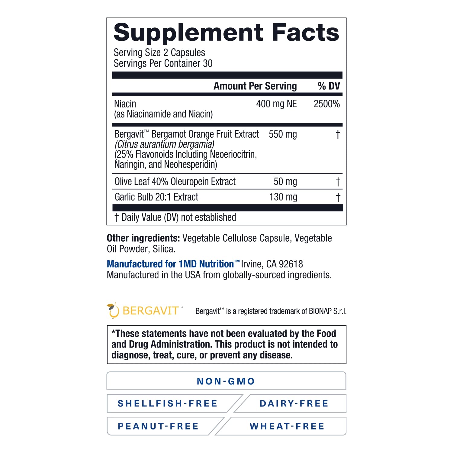 1MD Nutrition CholestMD with Olive Leaf Extract, Bergavit, Niacin, Garlic | 60 Capsules